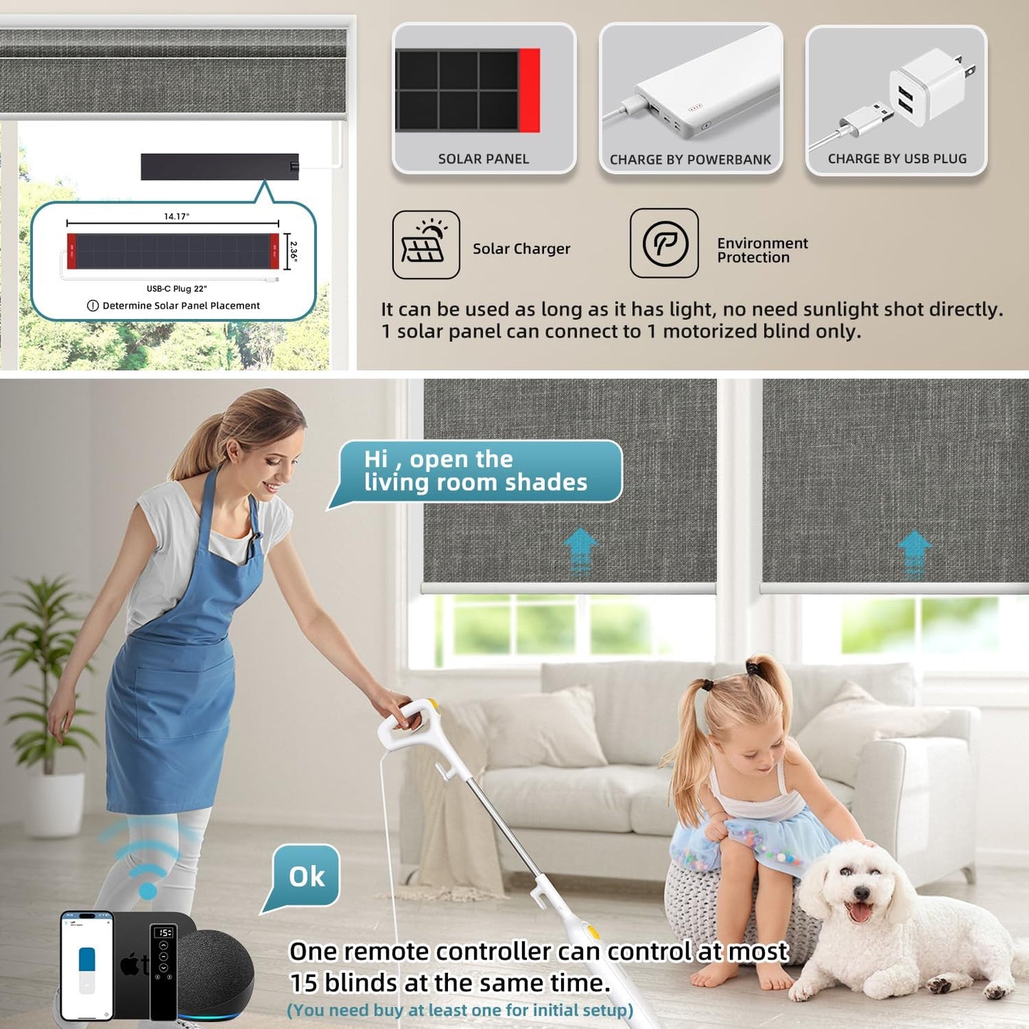 SmartWings Motorized 100% Blackout Shades Blinds, Custom Size, Cordless Window Shades with Rechargeable Battery, Work with Matter/Apple HomeKit, Alexa, Thread/Zigbee, Remote Optional, Vigor Dove