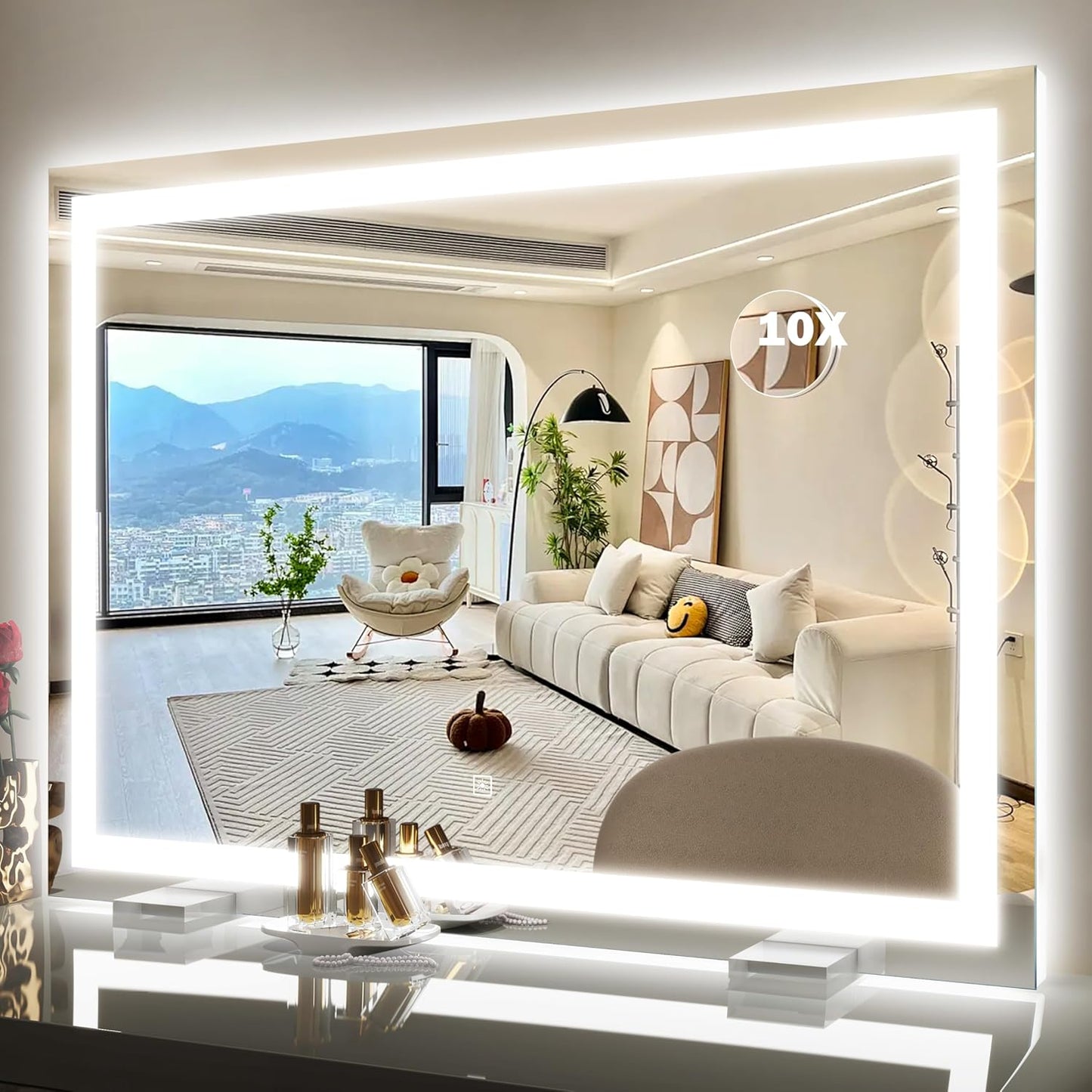 ROLOVE 38"x28" Inch Large Lighted Vanity Mirror, 3-Color Lighting & Dimmable Modes, LED Makeup Mirror for Bathroom/Dressing Room (Wall/Tabletop Mount, White)