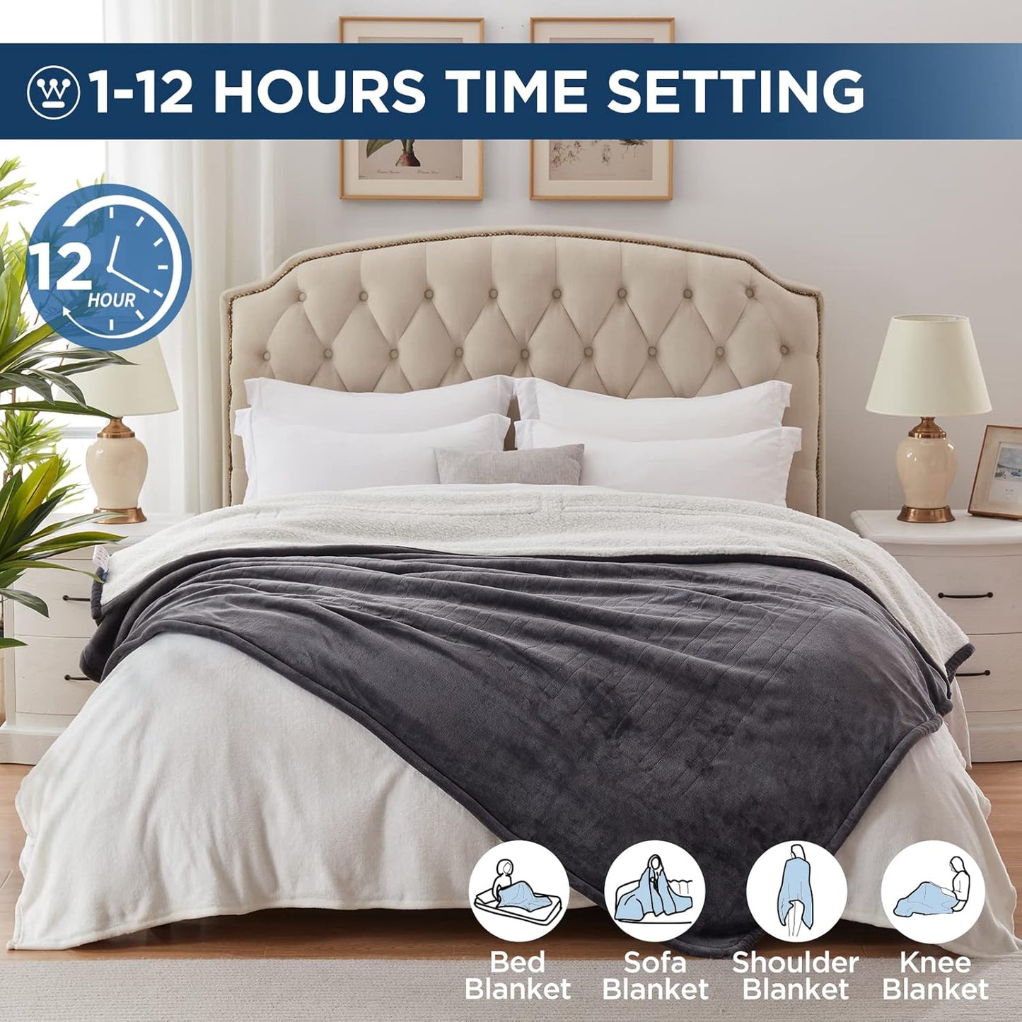 Westinghouse Electric Blanket King, Heated Blanket King Size with 10 Heating Levels and 1 to 12 Hours Heating Time Settings, Flannel to Sherpa Reversible, Machine Washable (90" x 100", Charcoal)