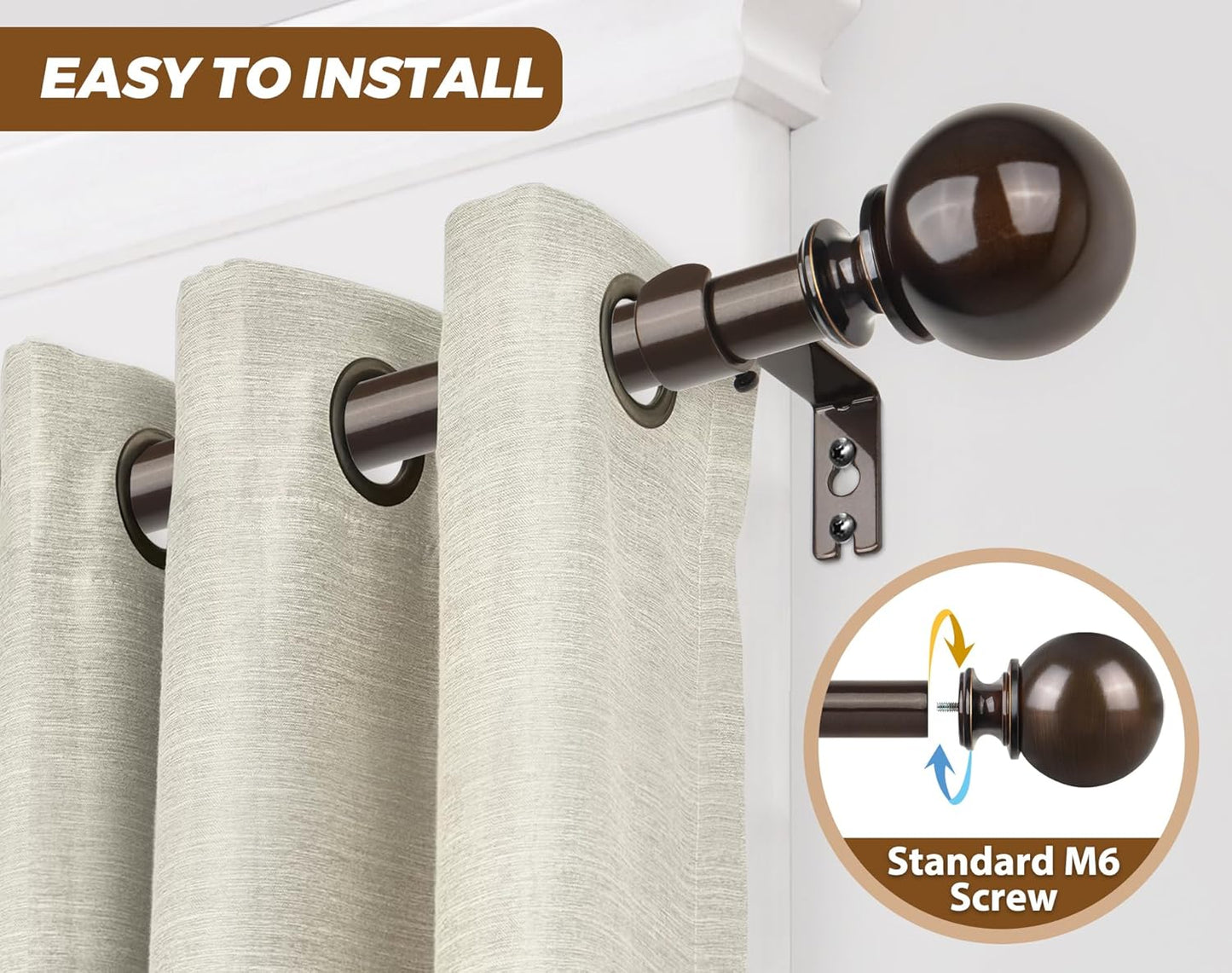 KAMANINA 2 Pack Curtain Rods for Windows 48 to 84 Inch (4-7ft), 7/8 Inch Single Heavy Duty Window Curtain Rod Adjustable Decorative Drapery Rods with Round End, Antique Bronze