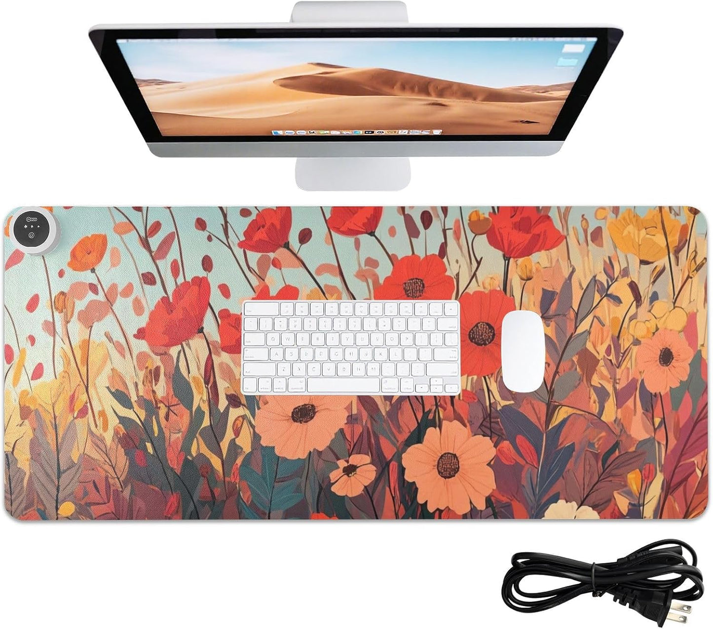 Heated Desk Pad Mouse Pad 31.5x13 Inch PU Leather Desk Mat with 3 Heat Levels Large Mouse Gaming Computer Laptop Mat Autumn Poppy Flowers