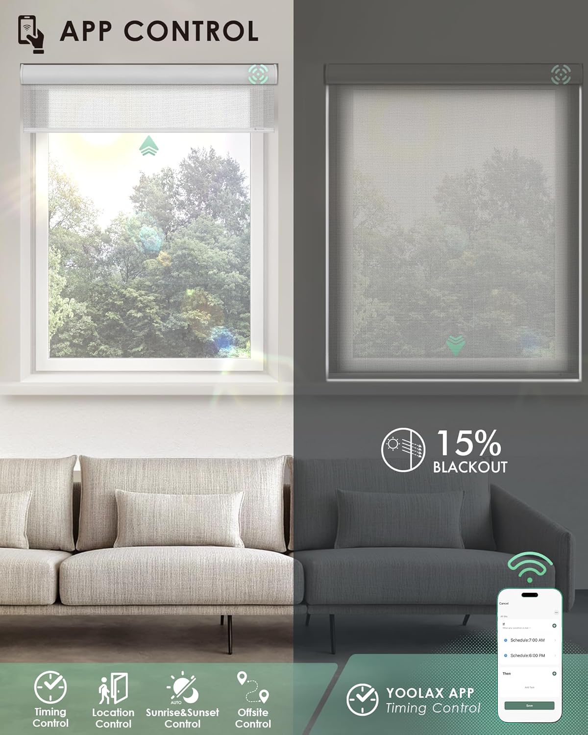 Yoolax Motorized Blinds with Remote, Light Filtering Smart Blinds Compatible with Alexa Google Home, Automatic Shades for Windows Living Room, Custom Size (15% Blackout V- Haze White)