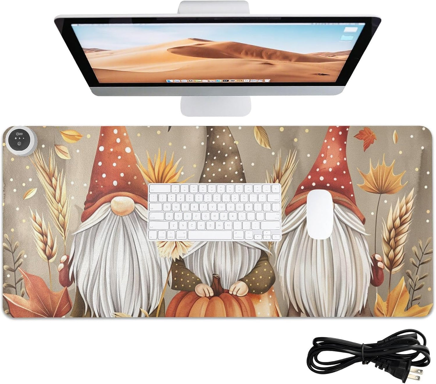 Heated Desk Pad Mouse Pad 31.5x13 Inch PU Leather Desk Mat with 3 Heat Levels Large Mouse Gaming Computer Laptop Mat Pumpkin Gnomes Maple Leaf