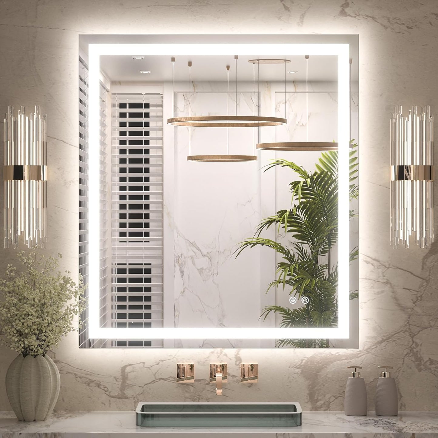 Keonjinn 32 x 36 Inch LED Bathroom Mirror with Frontlit & Backlit, Anti-Fog Mirror with Lights, Stepless Dimming, 3-Color Temperature, HD Tempered Glass Wall Mirror for Modern Bathroom