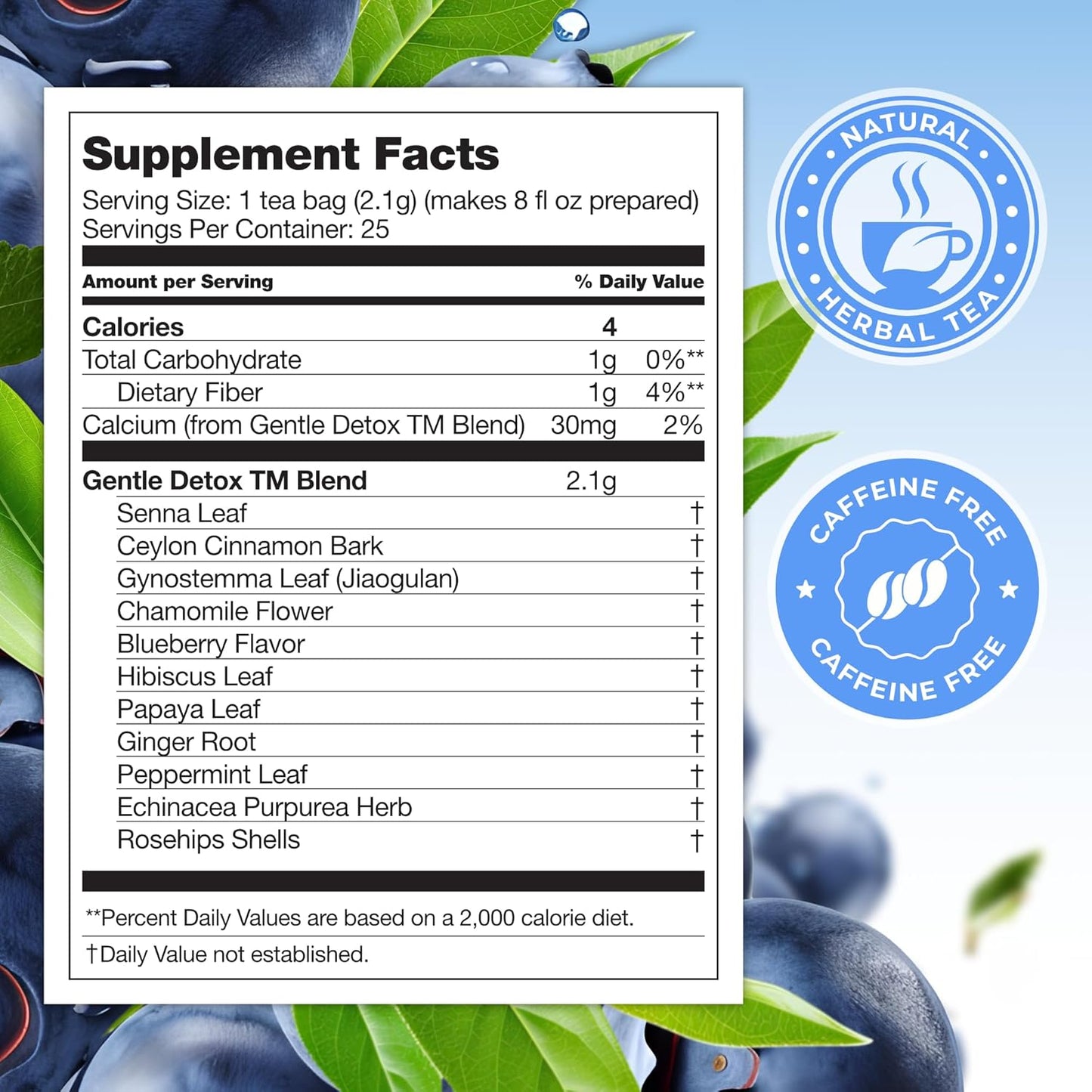 Total Tea SIimming Detox Tea Caffeine Free - 25 Day Detox - Herbal Tea with Chamomile, Hibiscus Tea & Ginger Root for Colon Cleanse – Natural Bluebberry Fruit Tea