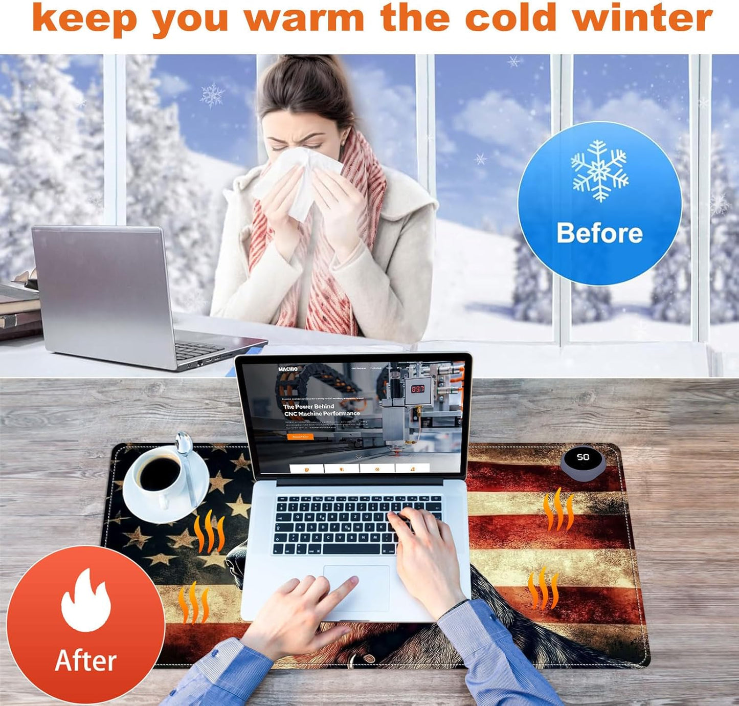 Small Heated Desk Pad 23.6" x 14.2" – Compact Electric Mouse Pad with 3 Heating Levels, Auto Shut-Off, Waterproof PU Surface, Plug-in Warmer for Office or Home Use, German Shepherd