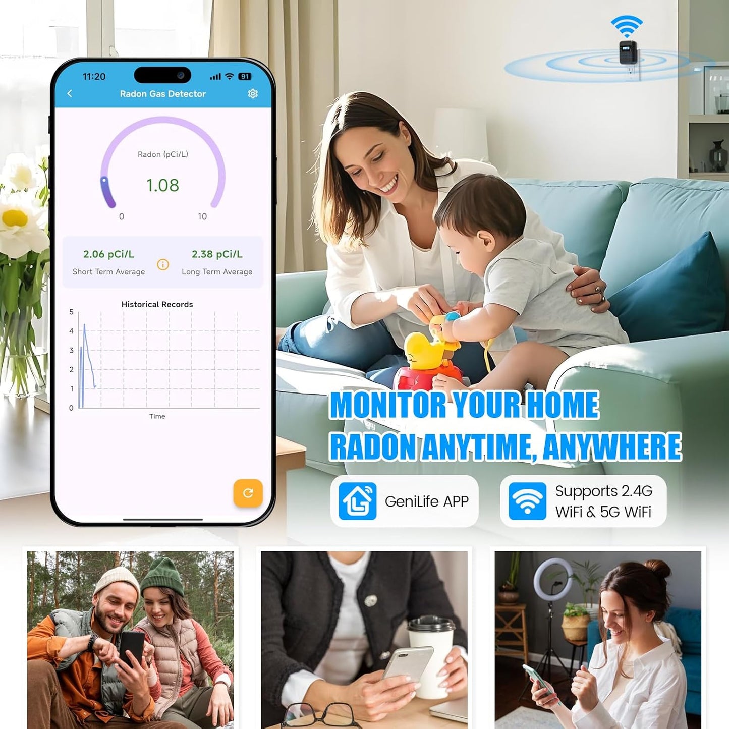 WiFi Home Radon Detector, Portable Radon Meter with Real-Time Short & Long-Term Monitoring, Plug-in Design, Instant Alerts & App Control