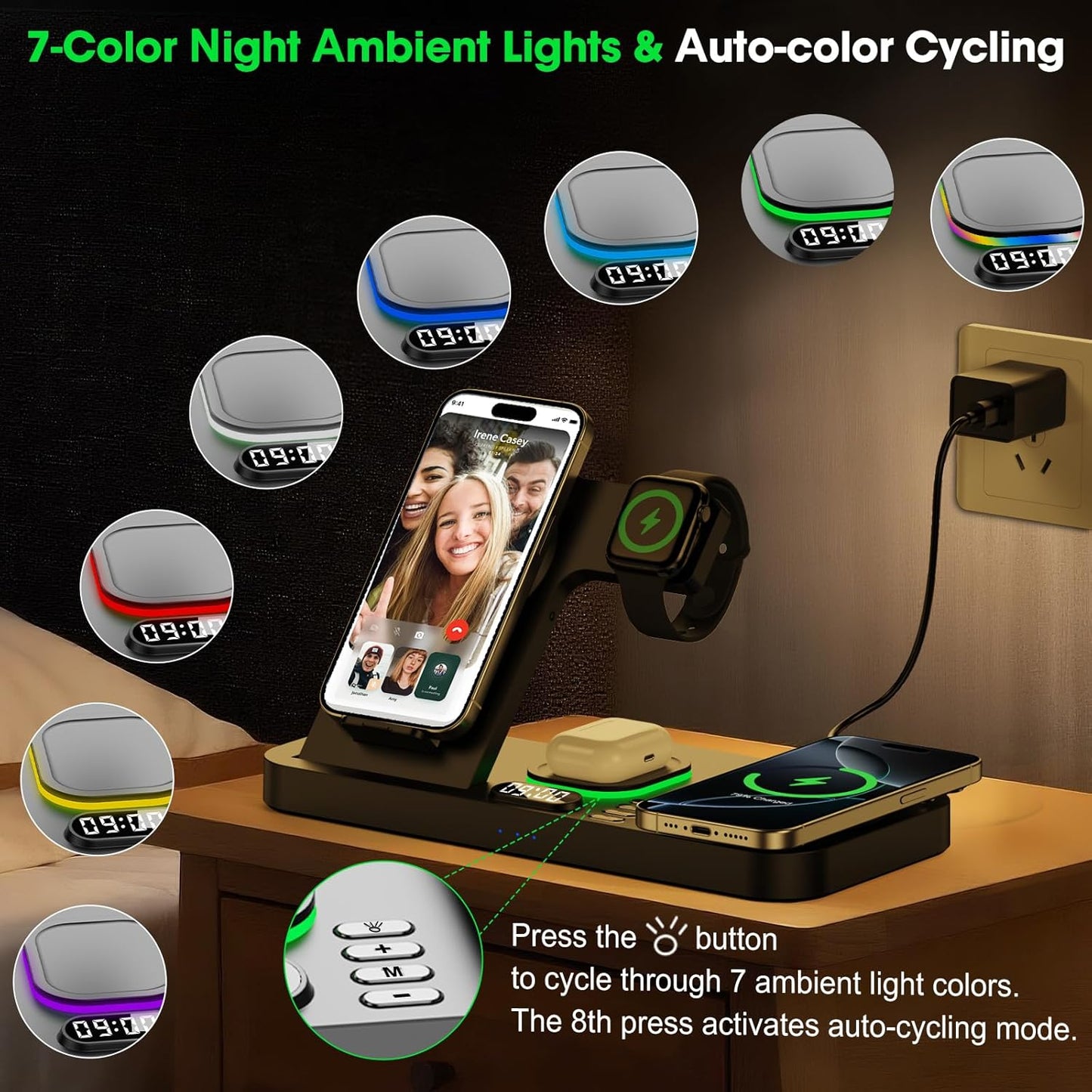 Dual Phone Wireless Charging Station for Apple Devices, Magnetic Charging Station for iPhone with Auto Switch 7-Color Light&Clock, Family Watch Charger for iPhone17 for iWatch11 for AirPods Pro3(Black