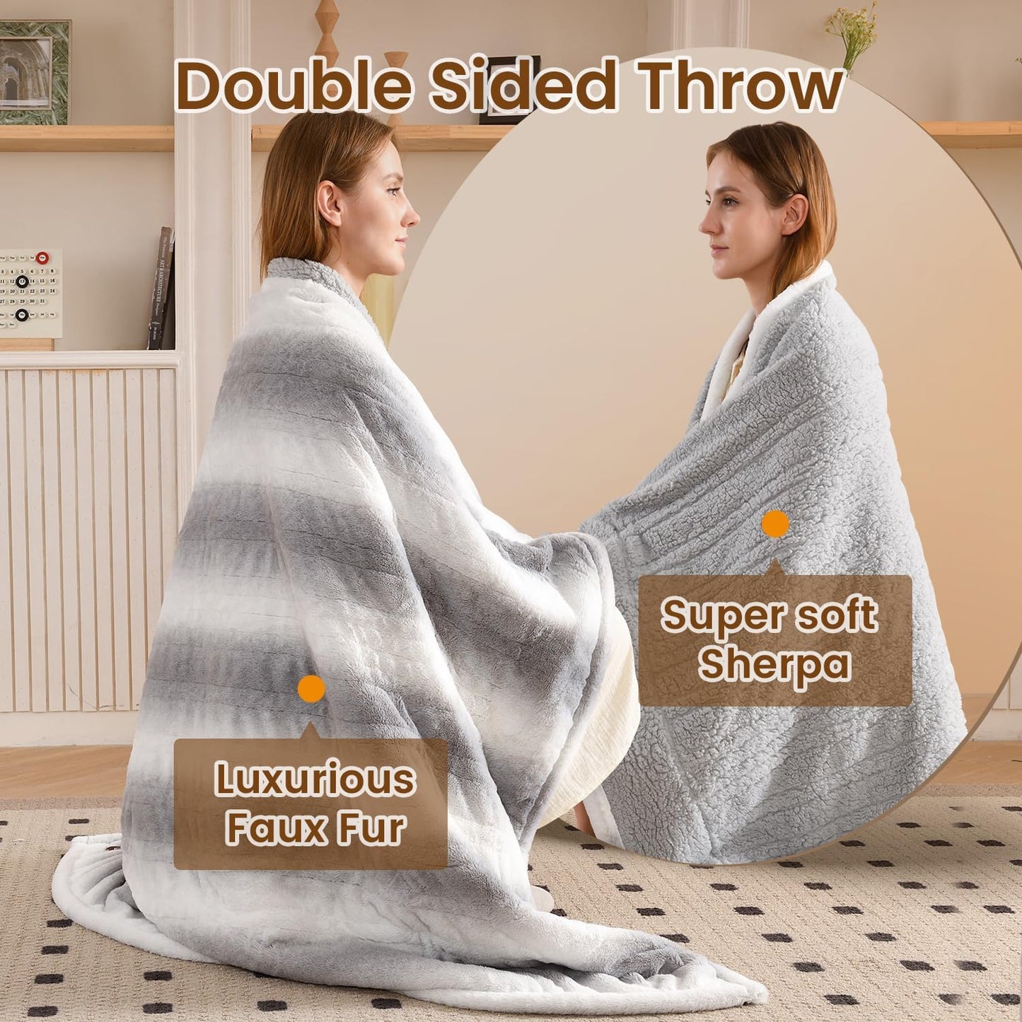 Bearhug Heated Blanket 6 Heat Settings Electric Blanket, 4-Hour Auto Shut-Off, Luxurious Faux Fur & Sherpa Dual-Sided Heated Throw, Machine Washable, 50 x 60 Inches, Gift-Ready Elegant Packaging