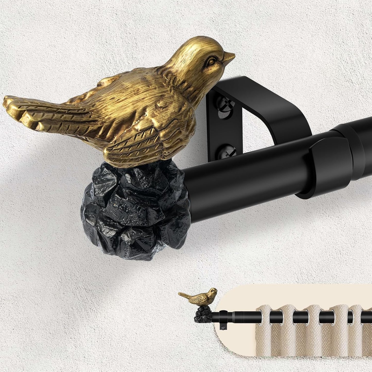 Decorative Black Curtain Rod 48 to 90 Inches Adjustable Drapery Rod with Bird Finials Heavy Duty Curtain Rods for Windows Living Room Kitchen