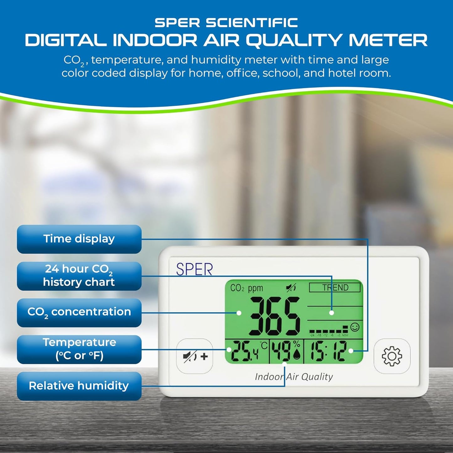 Sper Scientific Digital Indoor Air Quality Meter Monitor 800052 w/NDIR CO2 Sensor - CO2, Temperature & Humidity Meter w/Time & Large Color Coded Display for Home, Office, School & Hotel Room - 4 pc