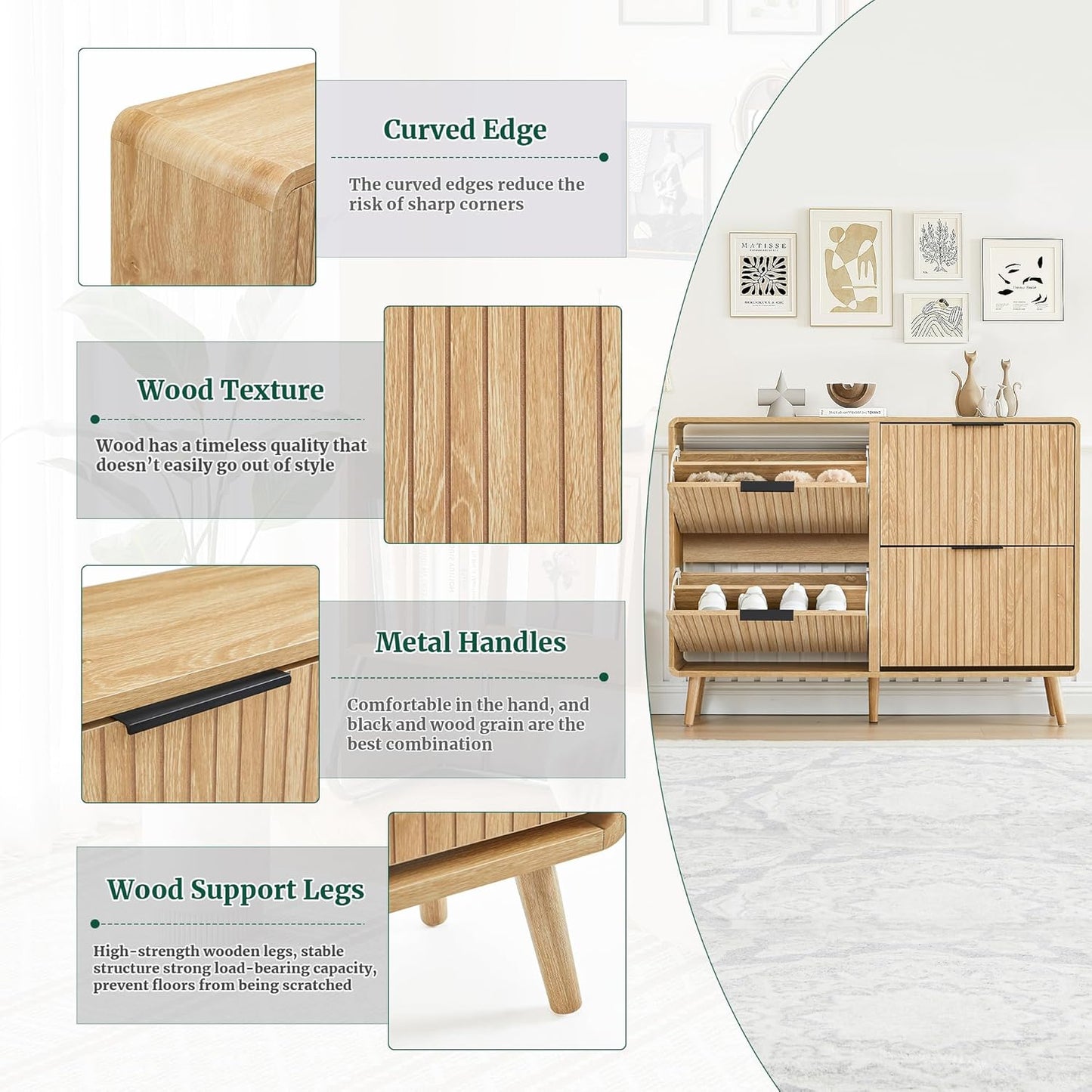 47" Fluted Large Shoe Cabinet with 4 Flip Drawers, Slim Freestanding Shoe Cabinet Organizer, Narrow Shoes Storage Rack for Entryway, 5 Sturdy Legs (All Natural, 9.45" D x 47.24" W x 35.83" H)