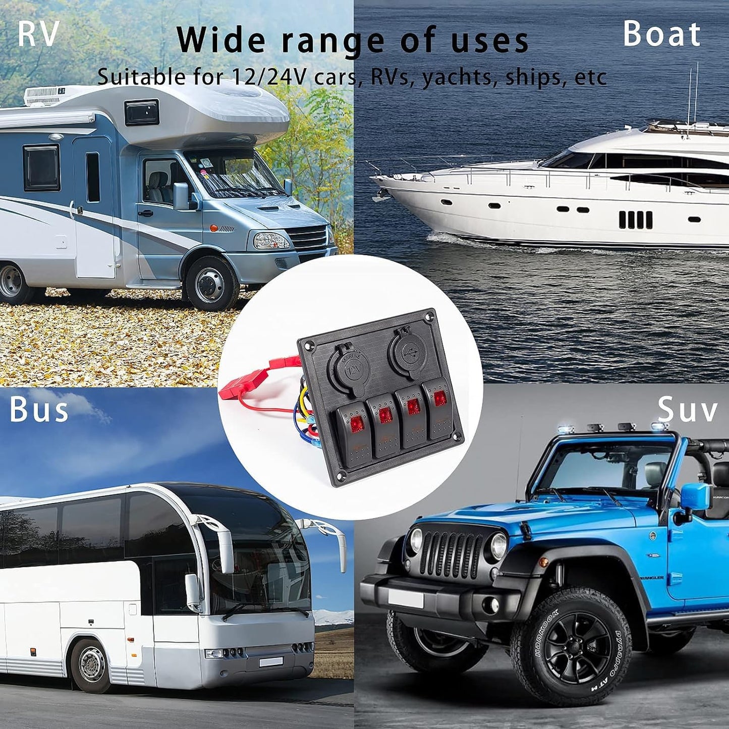 4 Gang Rocker Switch Panel, Multi-Function LED On-Off Switch with 3.1A Dual USB Charger, 12/24V Waterproof Marine Wired Toggle Switch Panel for Automotive Cars Marine Boats RVs SUV (Red)