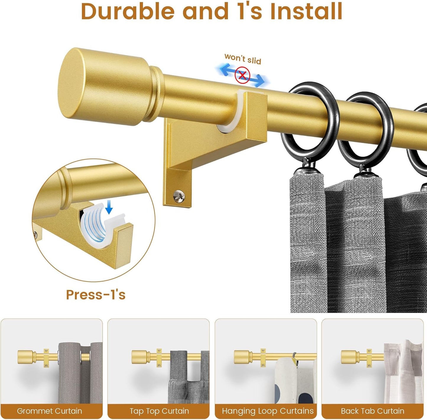 Gold Aluminium Curtain Rods for Windows,1 Inch Adjustable Curtain Rod 32 to 45 Inch,Heavy Duty Drapery Rods with Thicken Bracket,Modern Single Rod with Aluminium Finials