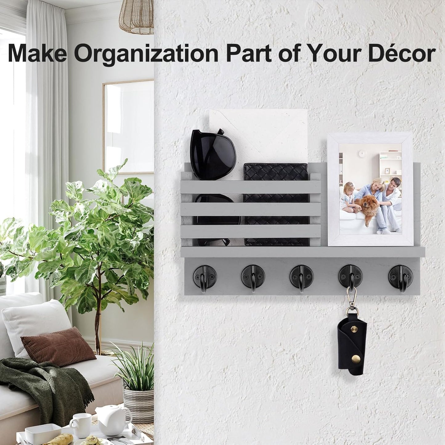 Key Holder for Wall – Decorative Wooden Mail Holder and Key Shelf with Mounting Hardware, Installation Guide – Paulownia Wood with 5 Metal Key Hooks (11.8” x 6.7” x 2.8”)