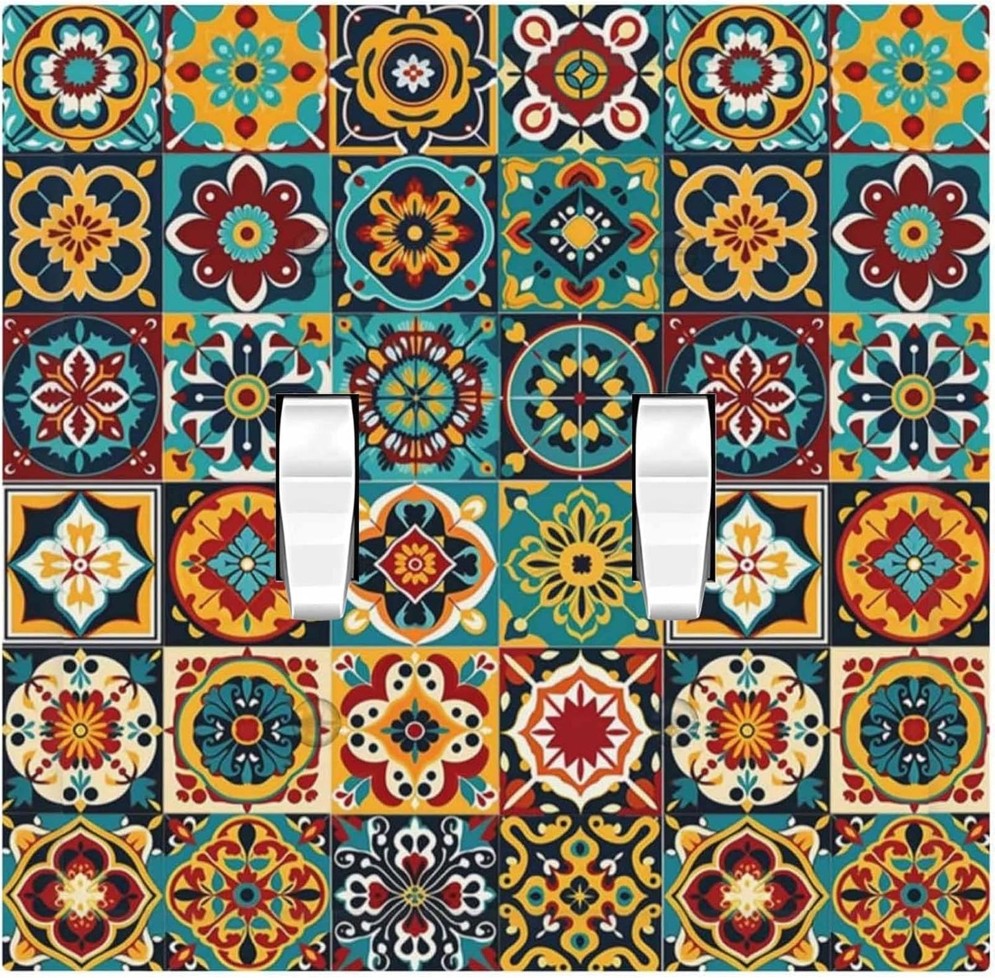 Decorative Switch Plates Mexican Talavera Colorful Mosaic Tiles 2 Gang Double Toggle Outlet Light Switch Cover Wall Plate Electrical Faceplate For Bathroom Kitchen Decor