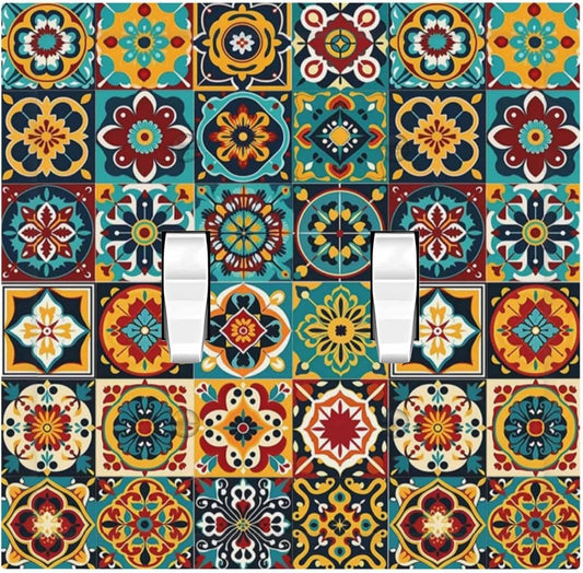 Decorative Switch Plates Mexican Talavera Colorful Mosaic Tiles 2 Gang Double Toggle Outlet Light Switch Cover Wall Plate Electrical Faceplate For Bathroom Kitchen Decor