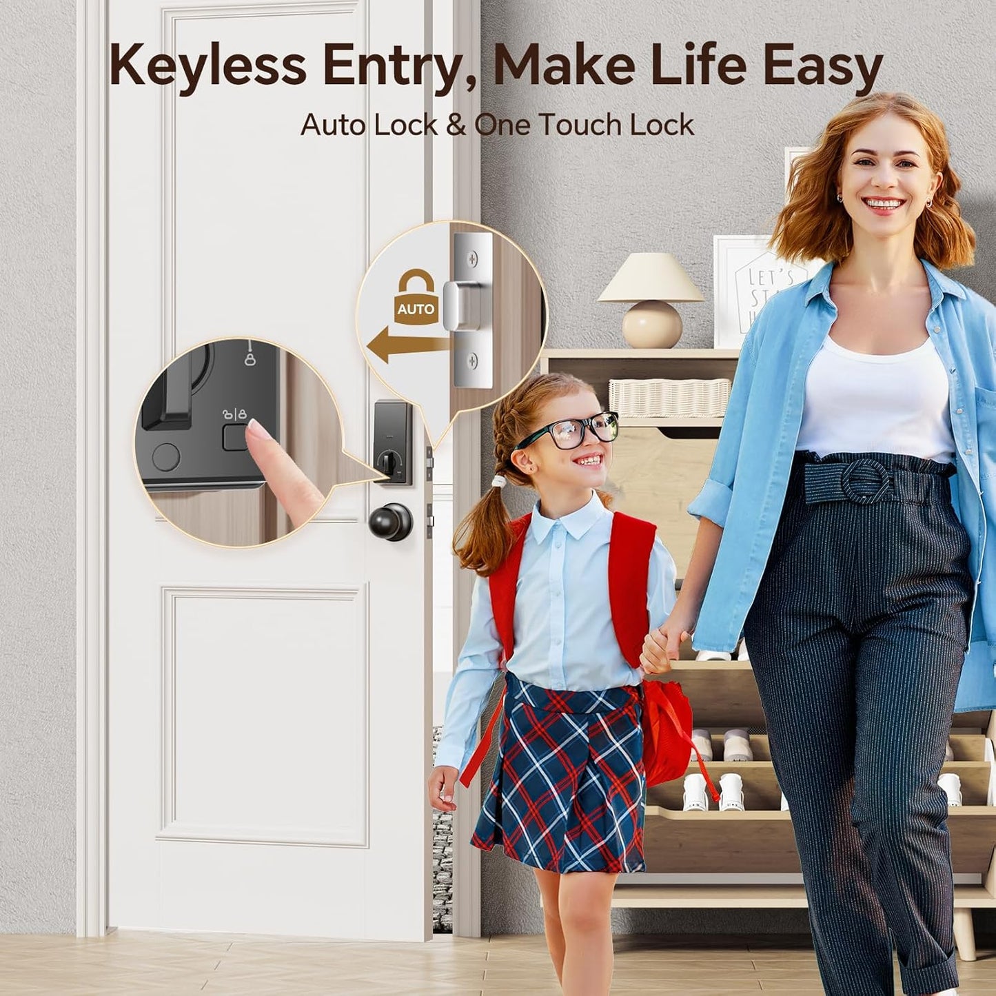 Keyless Entry Door Lock with 2 Knobs App Control Smart Locks for Front Door WiFi Door Lock Set Automatic Lock One Time Password Anti Peeping Password IP54, Bronze