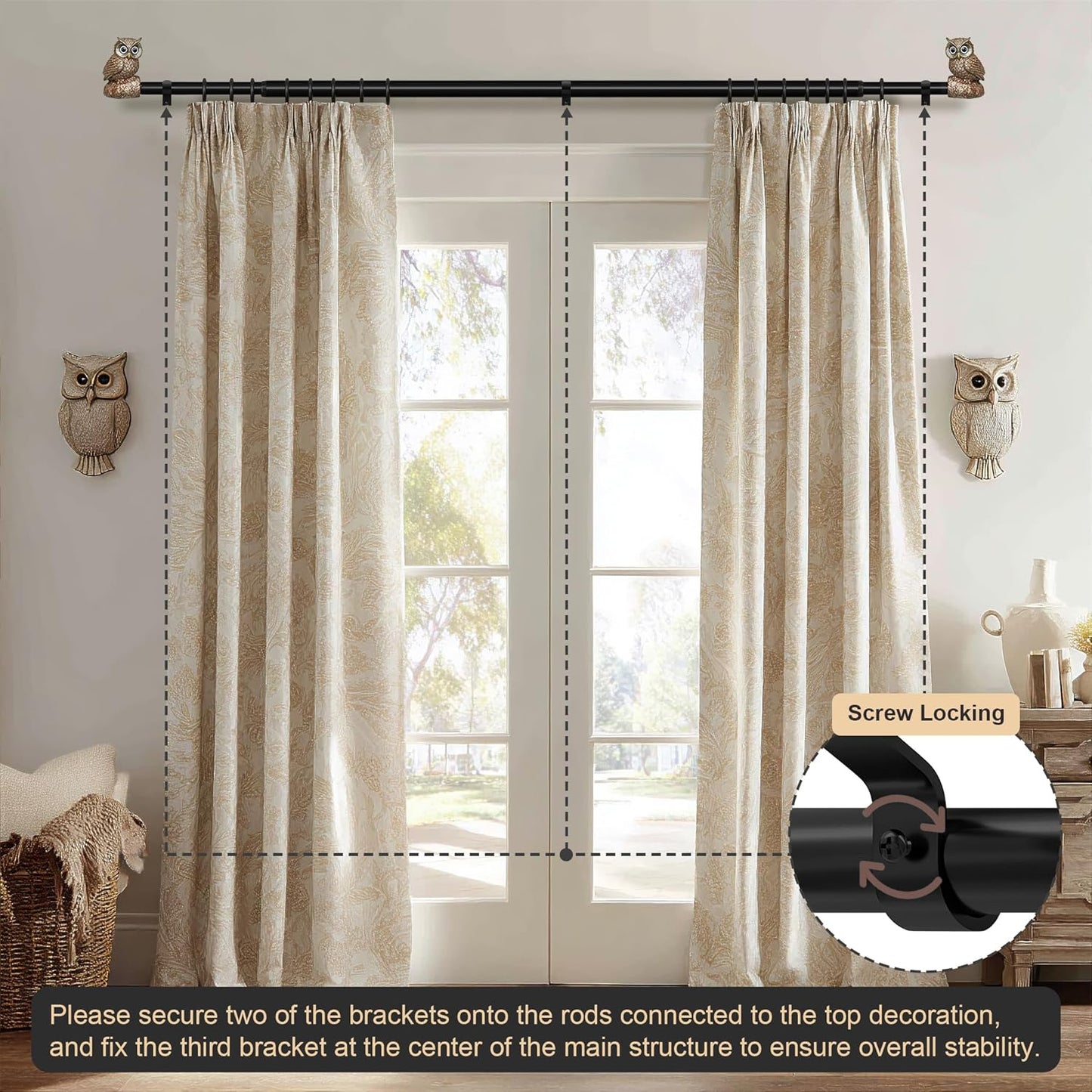 Vintage Decorative Black Curtain Rods for Windows 72 to 144 Inch Adjustable Heavy Duty 1'' Diameter Curtain Rod with Owl Finials for Bedroom Living Room Kitchen Farmhouse (36-150'')