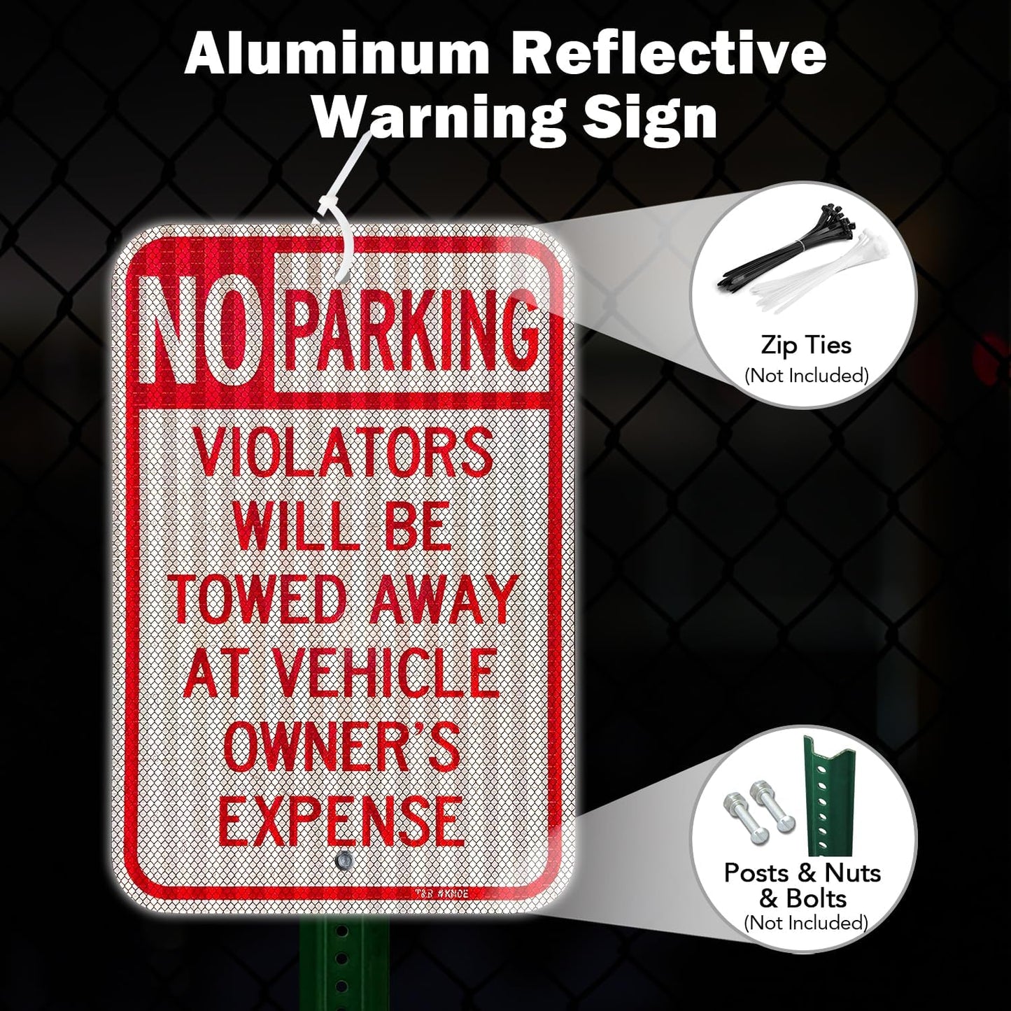 T&R (2 Pack) Large No Parking Sign, Violators Will Be Towed Away at Vehicle Owner's Expense Sign, 18" x 12" Engineer Grade Reflective Sheeting, Rust Free Aluminum, Weather Resistant, Waterproof, Fade Resistant, 2 Pre-drilled Holes