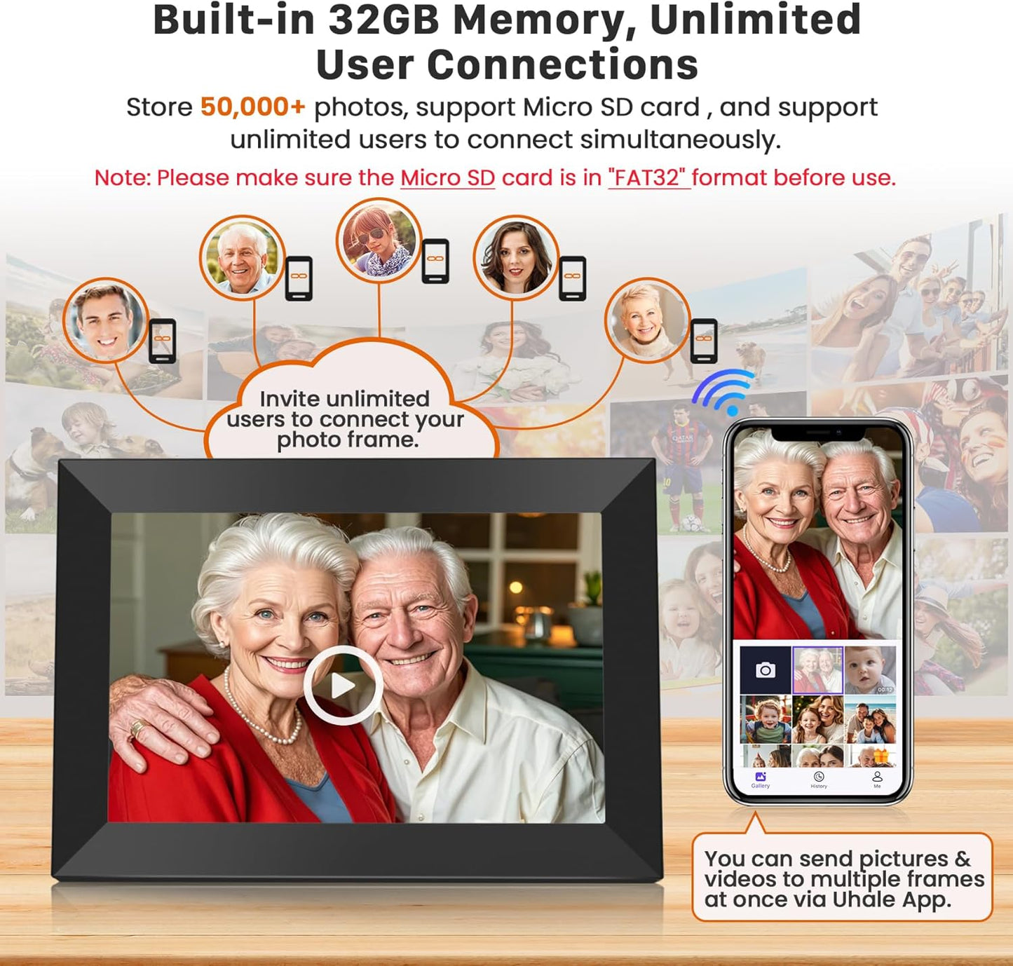 Uhale Digital Picture Frame WiFi 10.1 Inch with 32GB Storage, Electronic Photo Frames 1280 x 800 HD IPS Touch Screen, Auto Rotate, Slideshow, Instantly Share Photos and Videos from Anywhere