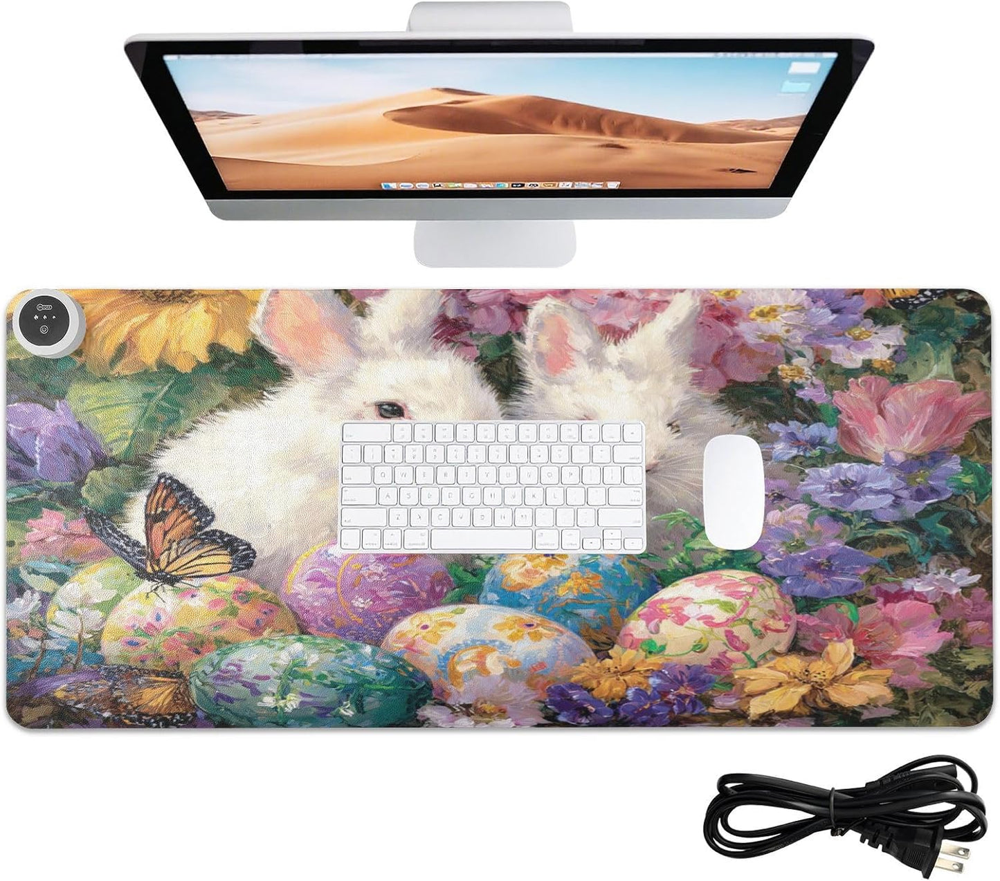 Heated Desk Pad Mouse Pad 31.5x13 Inch PU Leather Desk Mat with 3 Heat Levels Large Mouse Gaming Computer Laptop Mat Easter Bunny Eggs Sunflowers