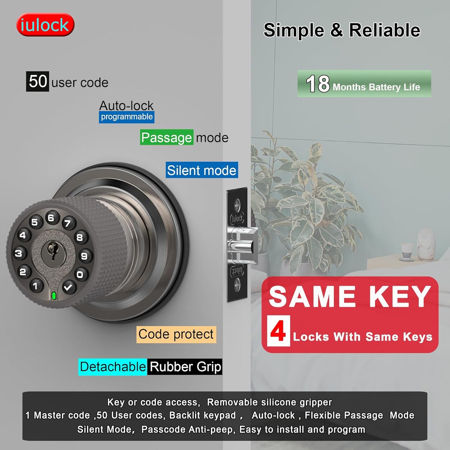 Smart Door Knob with Keypad and Key,Keyless Entry Door Lock with Rubber Grip, Auto Lock,50 User Code,Waterproof, Easy to Install and Program for Bedroom(Stain Nickel Same Key 4 Pack)