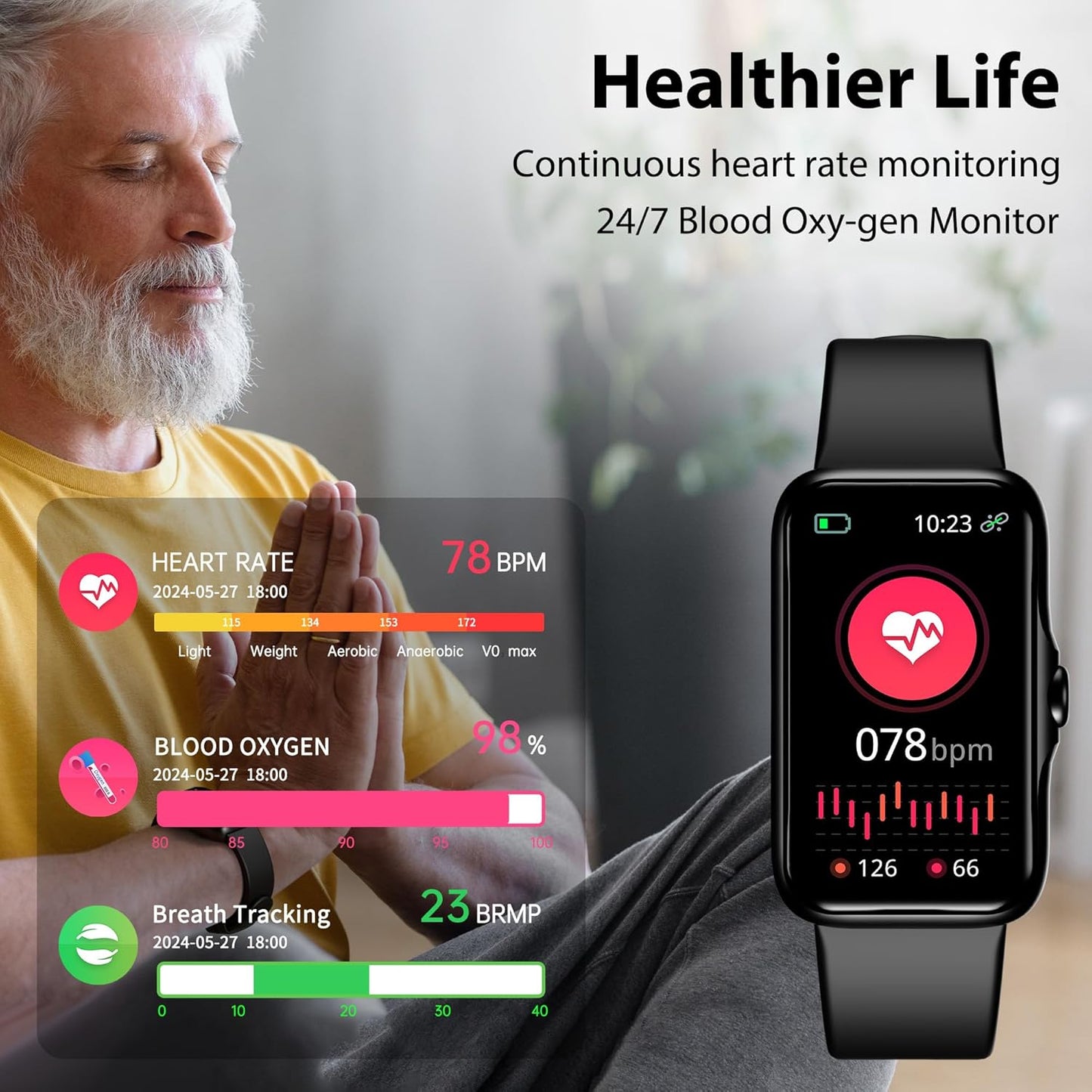Fitness Tracker with 24/7 Continuous Heart Rate, Blood Oxygen Monitor, Smart Watch with Sleep Monitor, IP68 Waterproof Activity Tracker Step Counter for Women Men