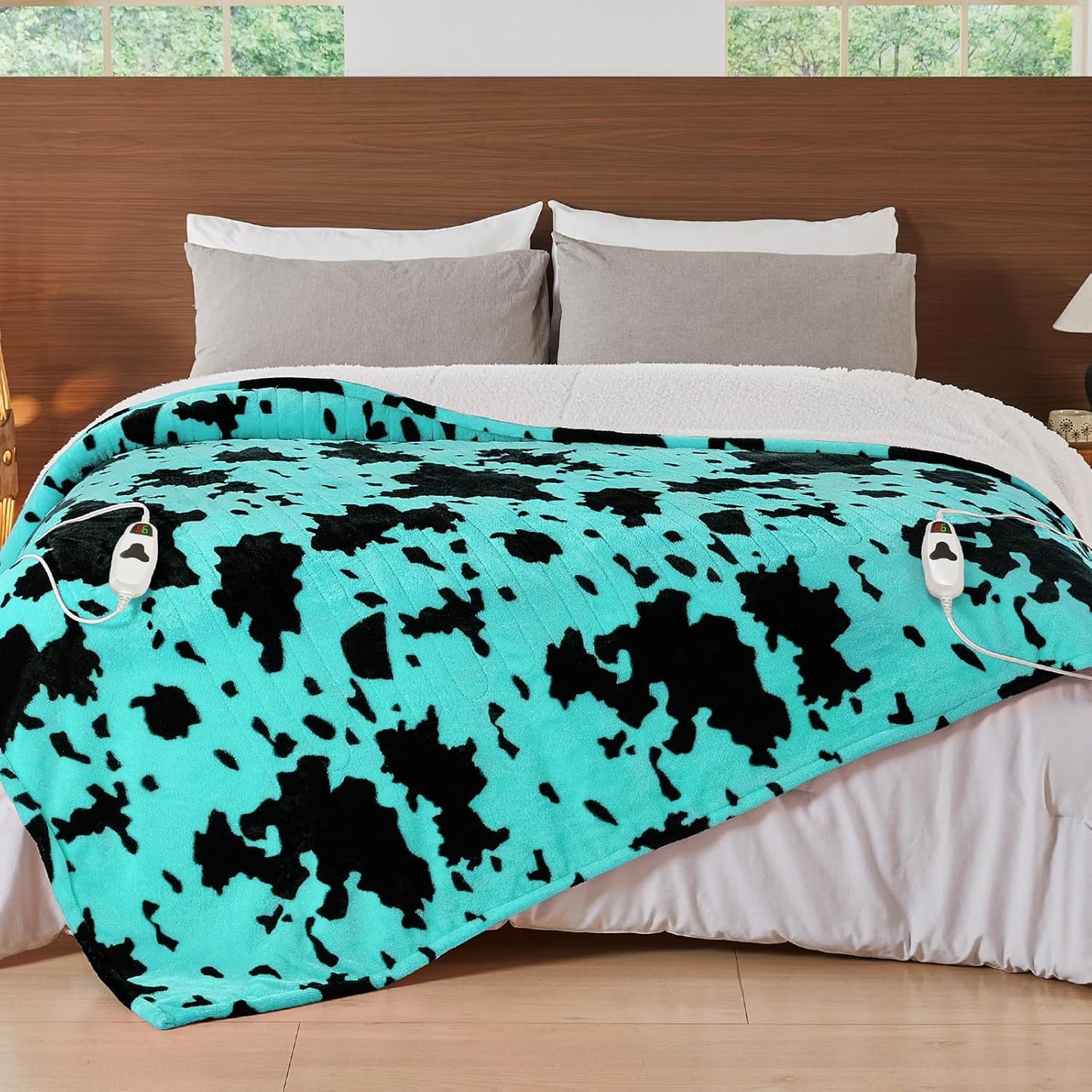 Cow Print Electric Heated Blanket King Size,90X100 Green Heating Blanket King with Dual Control&Timer&10 Heat Levels,Highland Cow Decor Fleece Sherpa Blankets Warmer Gifts for Bed Women Adults