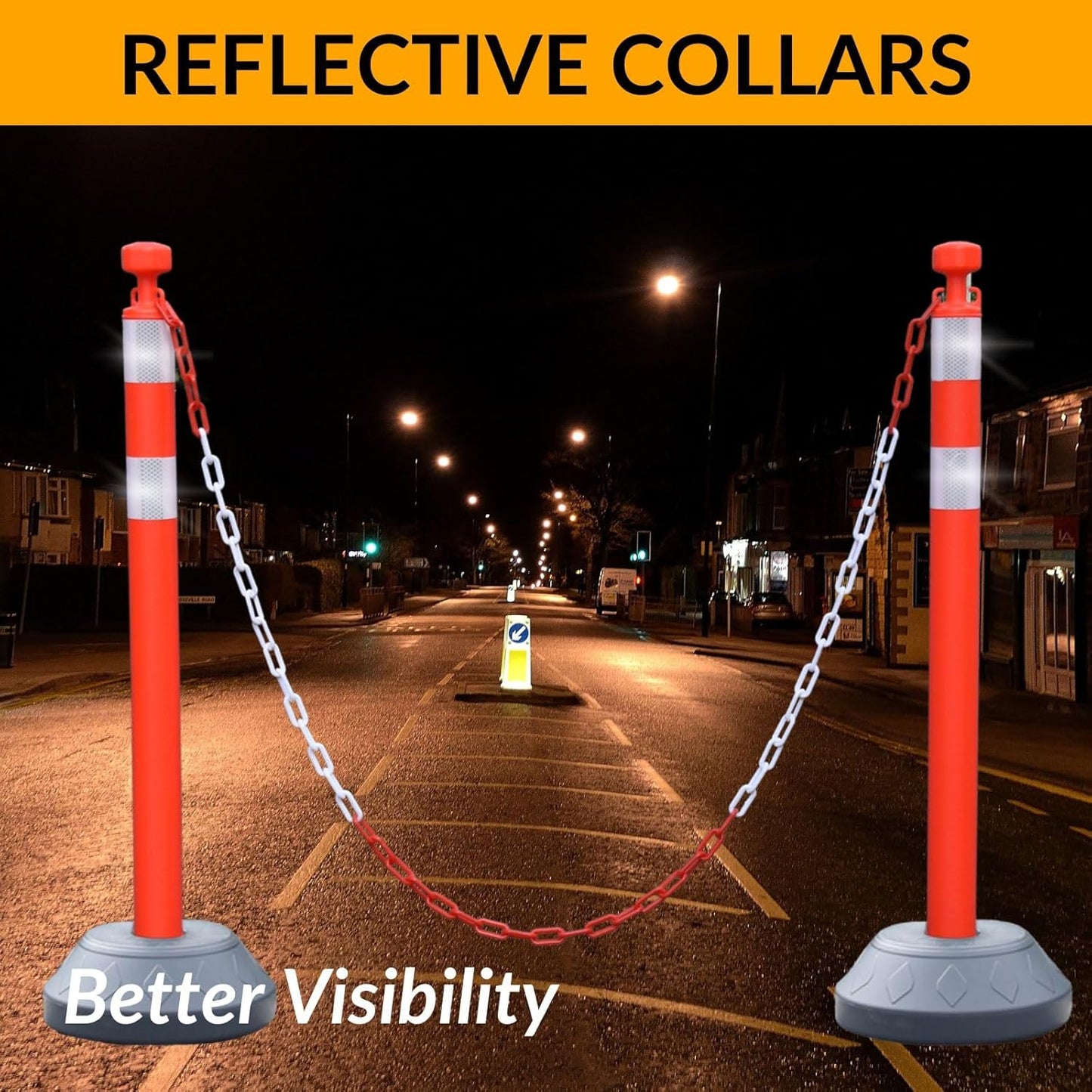 6 Pack 40 Inch Traffic Delineator Posts with Fillable Base and 6.6FT Plastic Chain, Safety Delineator Post Cones with 2 White Reflective Stripes for Construction Work (Red)