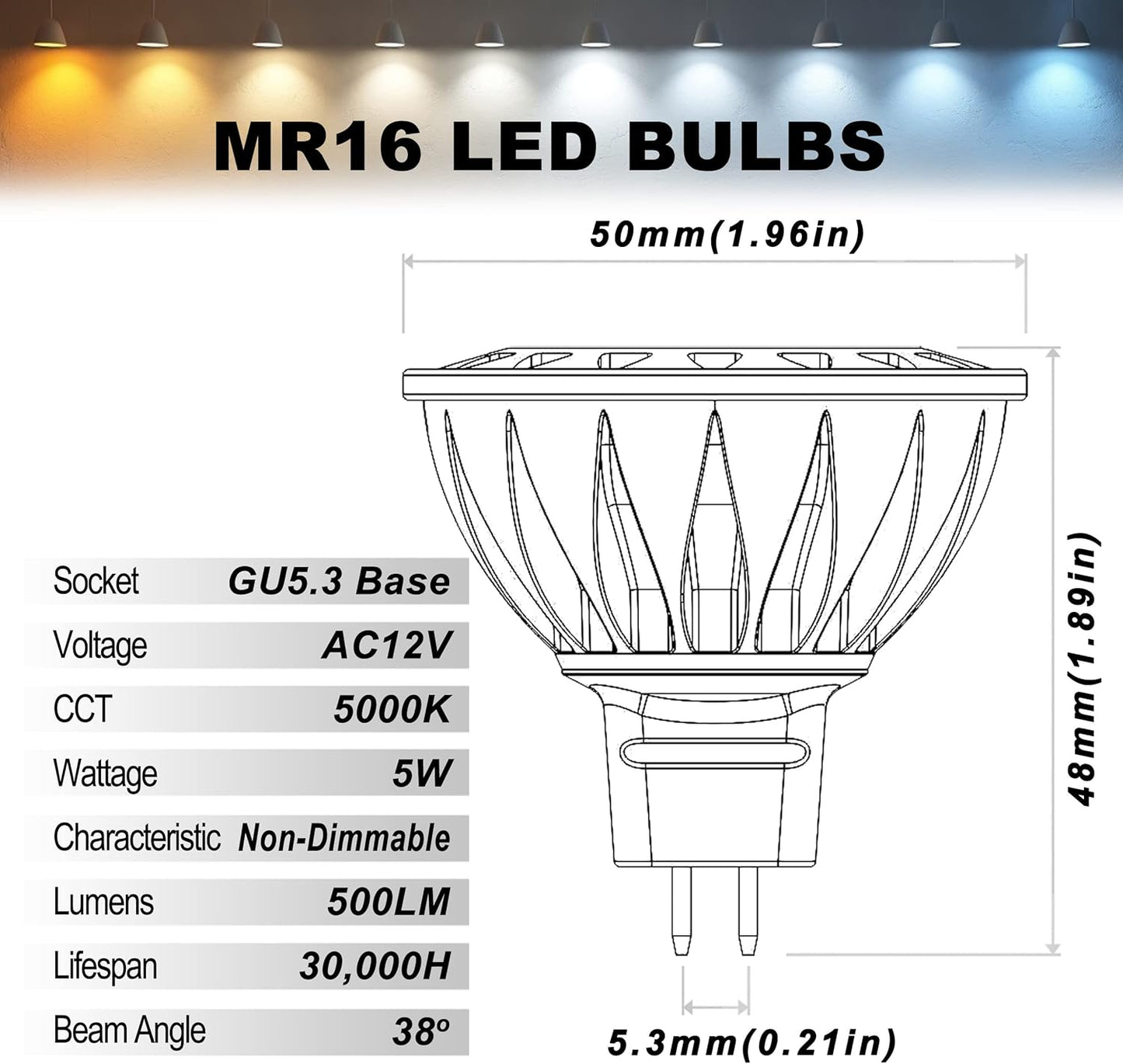 ALIDE 5W MR16 5000K Daylight White Led Bulbs GU5.3, MR16 20W 50 Watt Halogen Replacement, 12V Low Voltage Light Bulb for Accent Outdoor Landscape Track Lighting,Not Dimmable,500lm,38 Deg,6 Pack