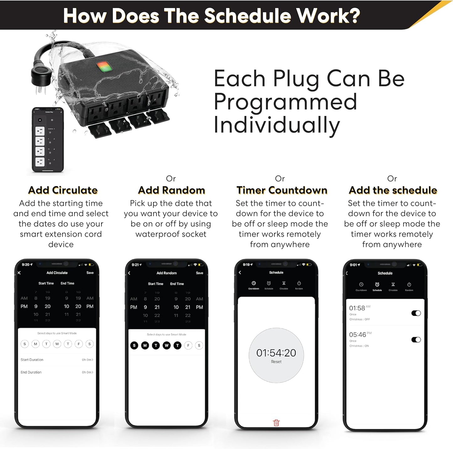 Smart Heavy Duty Outdoor Power Strip WiFi Plug Water-Resistant Socket, Electrical Power Extension Cord, Outlet Switch and Timer Works Remotely with Alexa, G Assistant (4 Sockets) Black