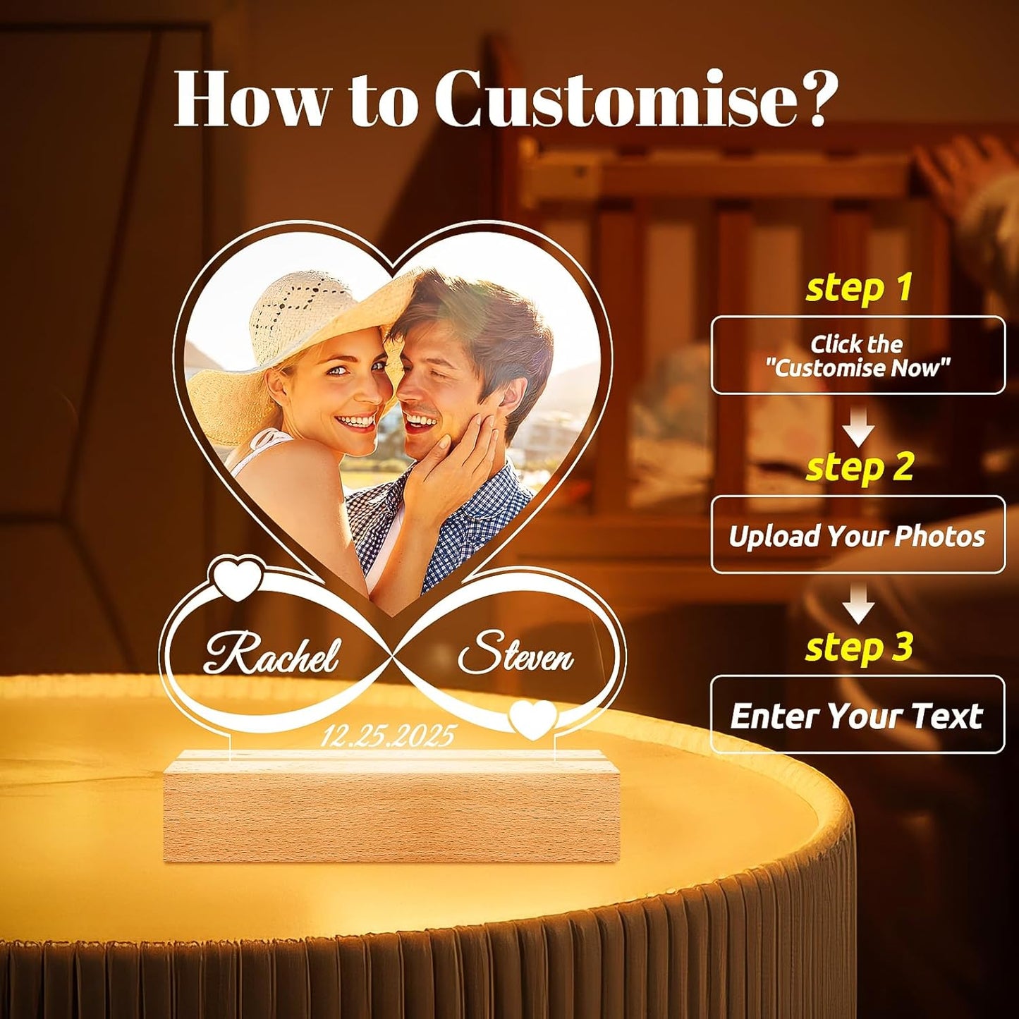 Custom Picture Frames with Photo, Custom Photo Frame with Night Light, Personalized Picture Frame, Personalized Anniversary Valentines Day Gifts for Women Men Him Her Girlfriend Boyfriend Couple Wife
