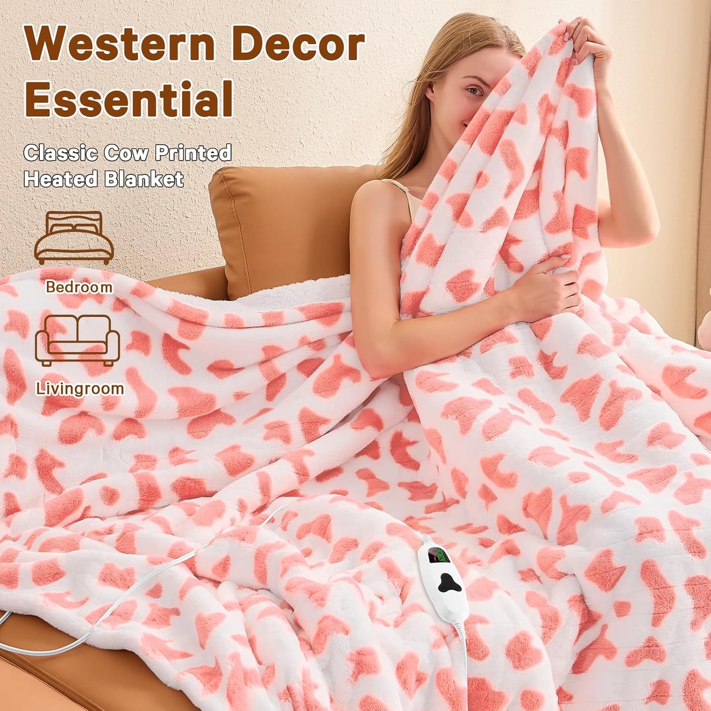 Cow Print Heated Electric Blanket Twin,62X84 Pink Heating Blanket with 10 Heats Levels & 8 Hours Auto Off,Cute Cow Decor Fleece Sherpa Blankets Warmer Gifts for Women Couch Office,Washable