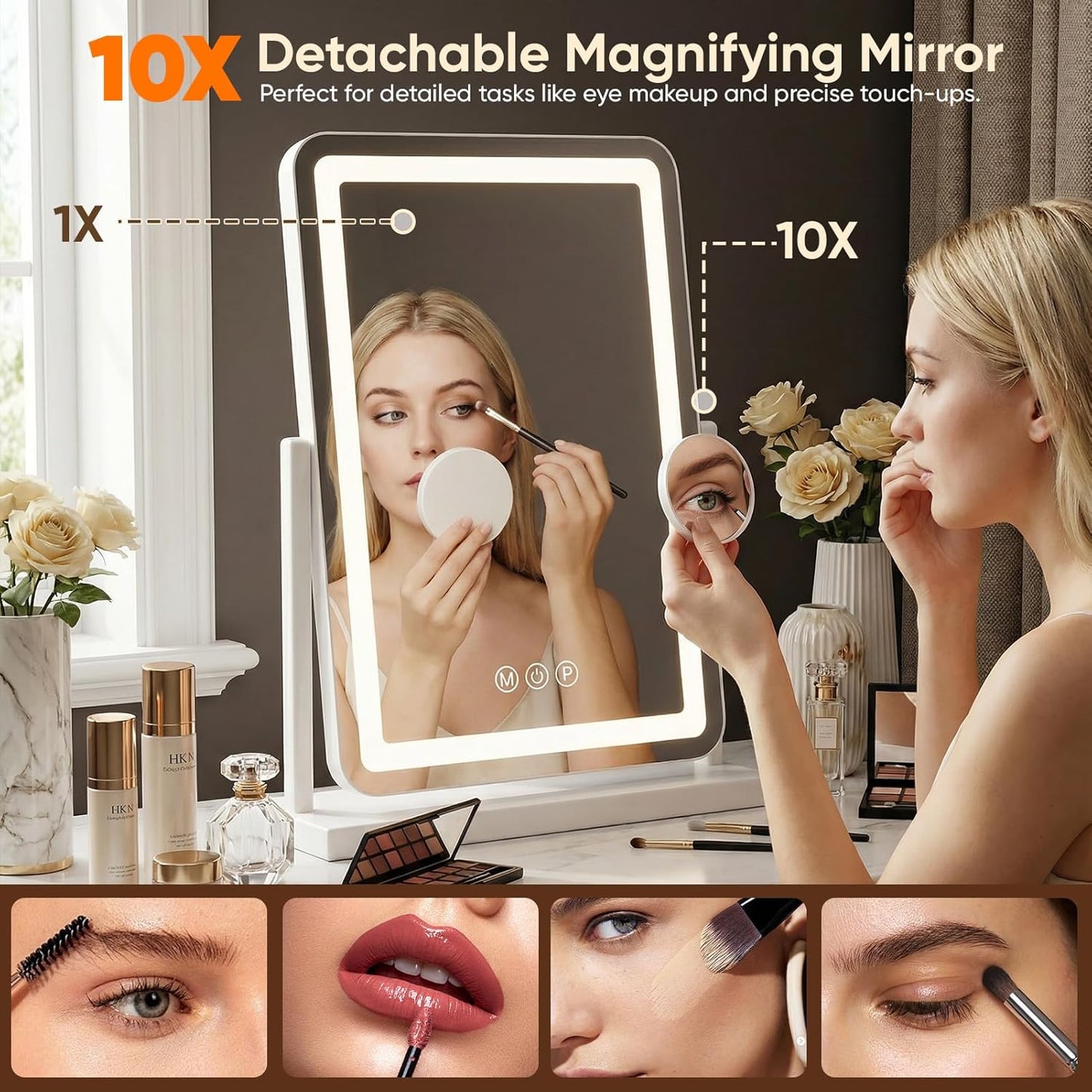 Antok Vanity Mirror with Lights, 22"X19" Lighted Makeup Mirror, Smart Touch, 3 Color Modes and Brightness Adjustable, LED Vanity Mirror with Detachable 10X Magnification, 360° Rotation for Makeup Desk