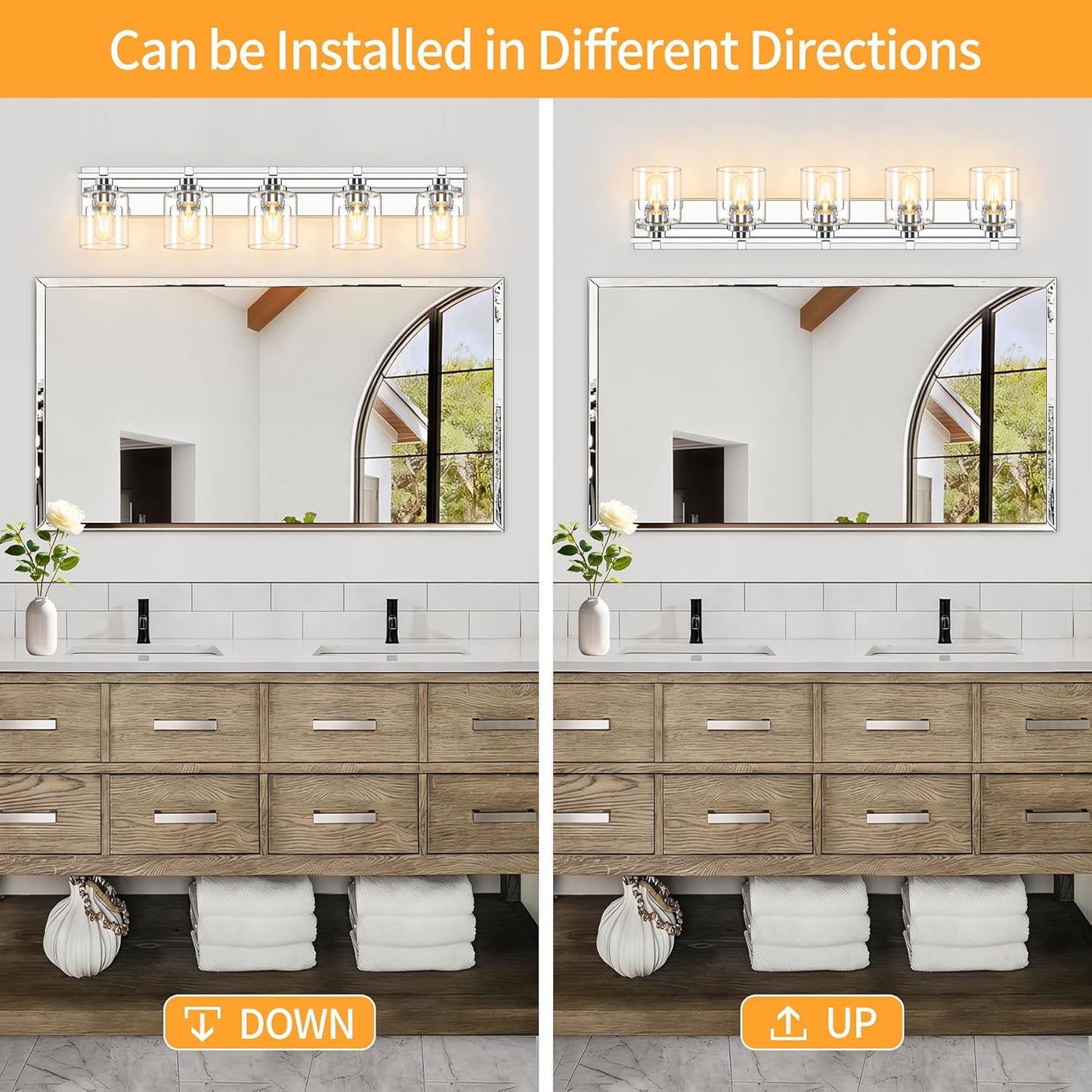 5 Light Modern Bathroom Light Fixtures Over Mirror, Chrome Vanity Lights for Bathroom Wall Sconces with Clear Glass Shades, E26 Socket (Bulbs Not Included)