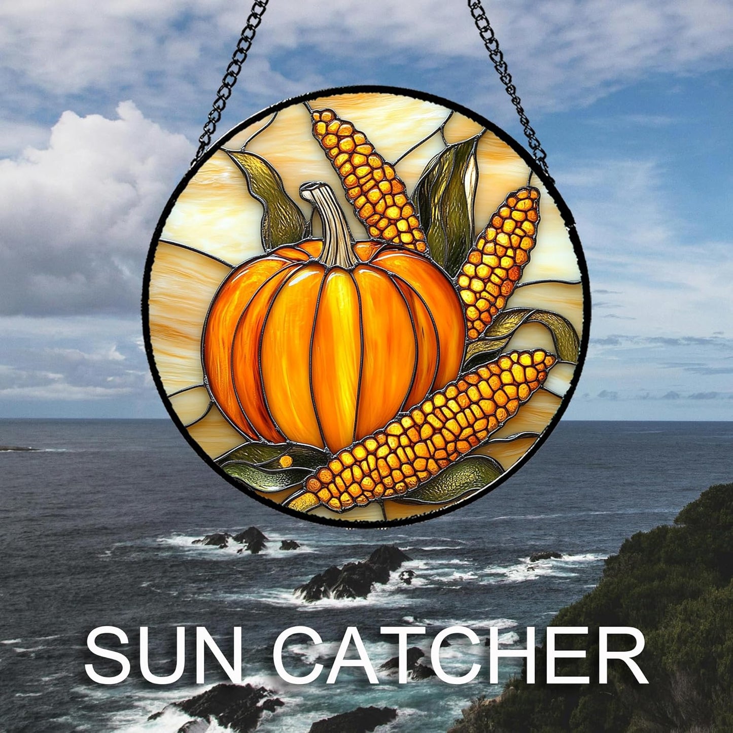 Stained Glass Window Hanging Autumn Harvest Pumpkin Corn 9.8" - Suncatcher Door Garden Kitchen Sunroom Sun Catcher Fall Home Decor Birthday for Mom Grandma Men Woman