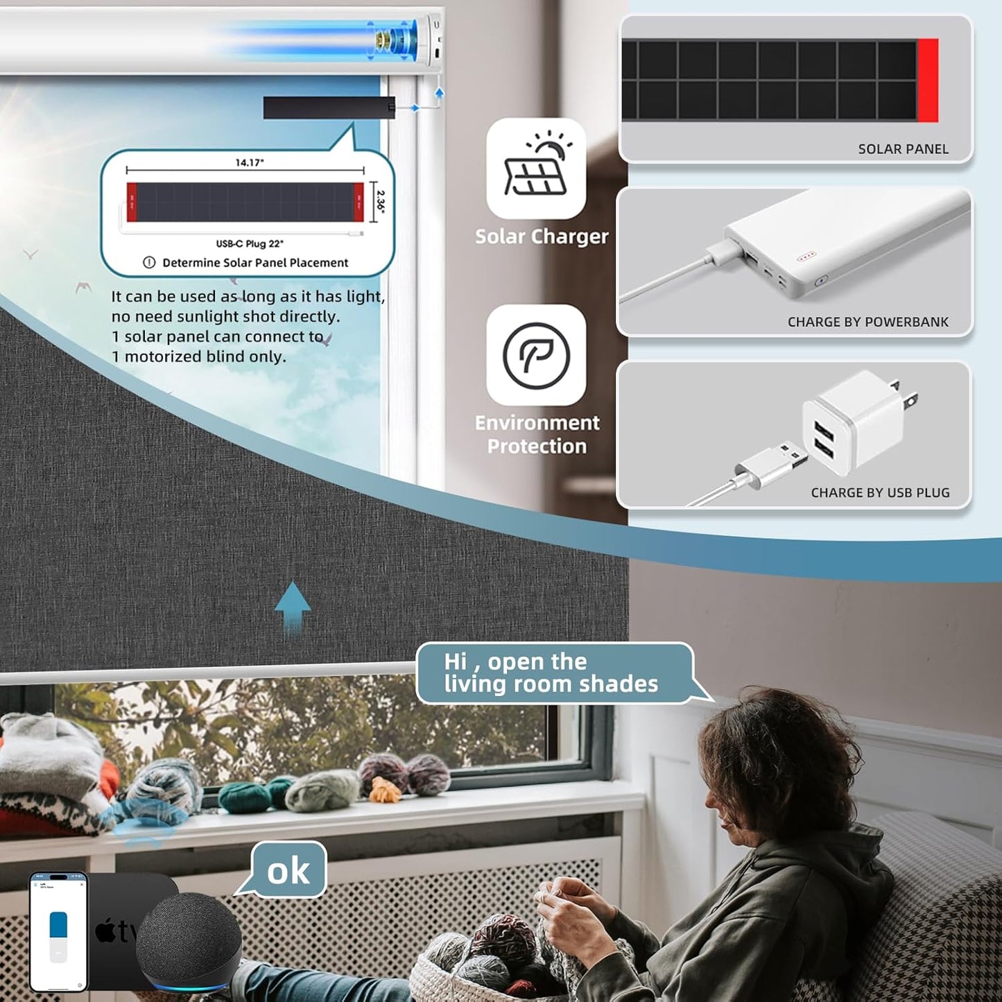 SmartWings Motorized Blinds Dual-Sided Blackout Smart Shades Remote Control Work with Homekit Thread Apple Z-wave Alexa Automatic Roller Shade Blackout Customized Max 110"W 128"H(Bouvardia Dark Grey)