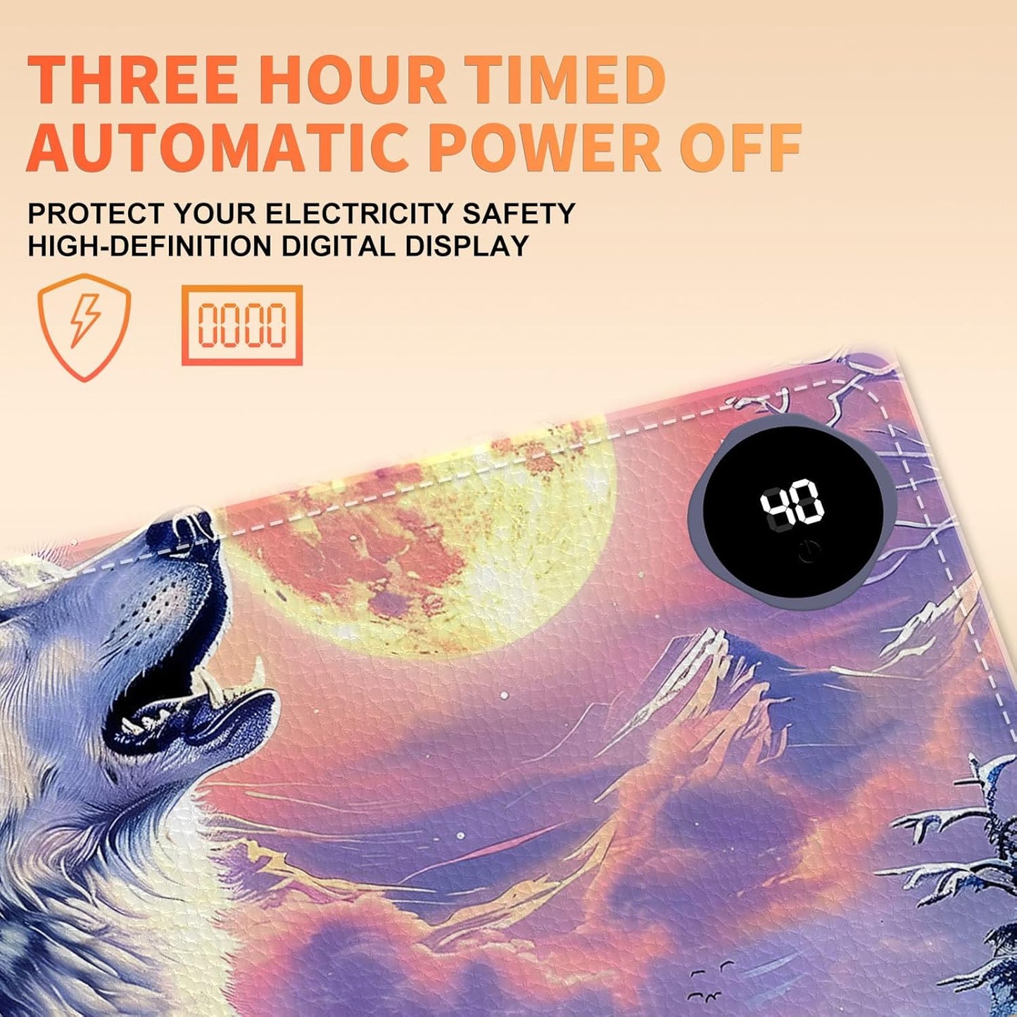 Heated Mouse Pad, Warm Desk Pad, Keyboard Mat 31.5 x 13 Inch Large Size Intelligent Fast Heating, 3 Speed Adjustable, Timed Auto Power Off for Game Office Home,Wolf Howling Under The Moon