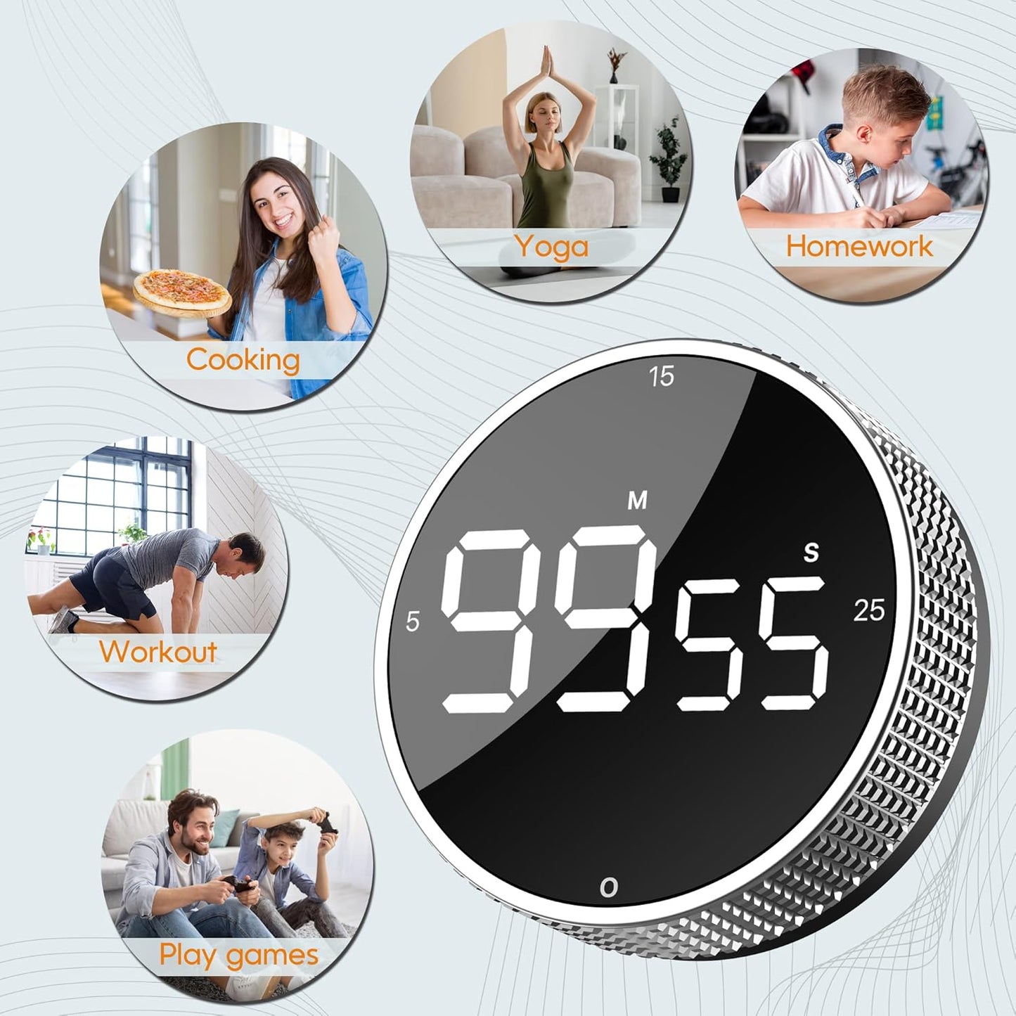 Upgrade Digital Kitchen Timer - Magnetic Countdown Countup Visual Pomodoro Timer with Large LED Display, 3-Preset Times (5, 15, 25), 3 Volume Levels, Ideal for Cooking, Baking and Fitness (2, Silver)