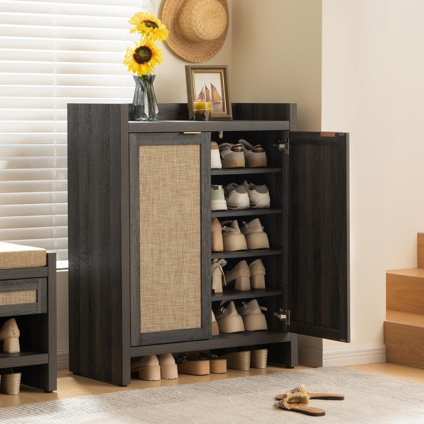 SICOTAS 41" Tall Shoe Cabinet, 24 Pair Shoe Storage Cabinet with Doors and 6-Tier Shelves, Rattan Shoe Cabinet Storage for Entryway, Farmhouse Boho Wooden Cabinet for Hallway, Black Oak