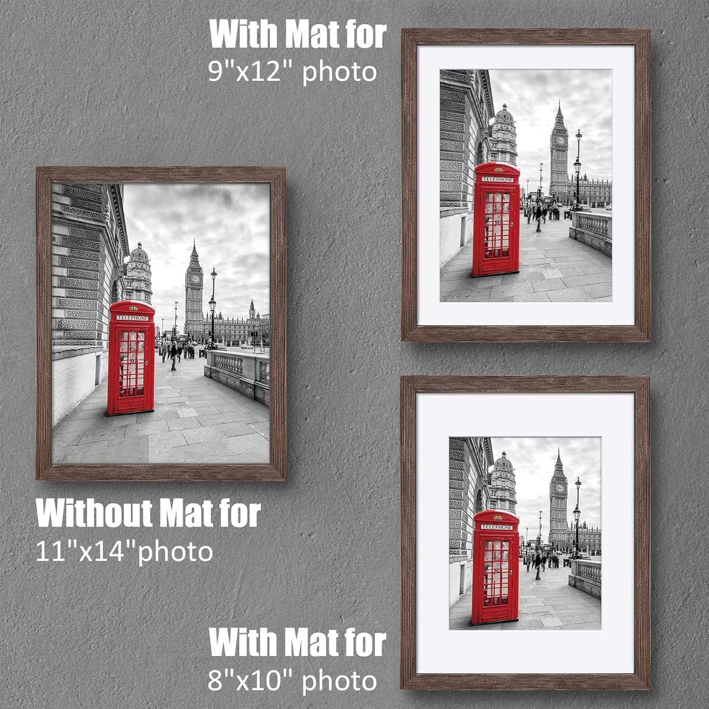 11x14 Rustic Picture Frames Solid Wood - Display Pictures 9x12 or 8x10 with Mat or 11x14 Frame without Mat - Farmhouse Wooden Photo Frame 11x14 inch with 2 Mats for Wall Mounting or Table Top, 2 Set
