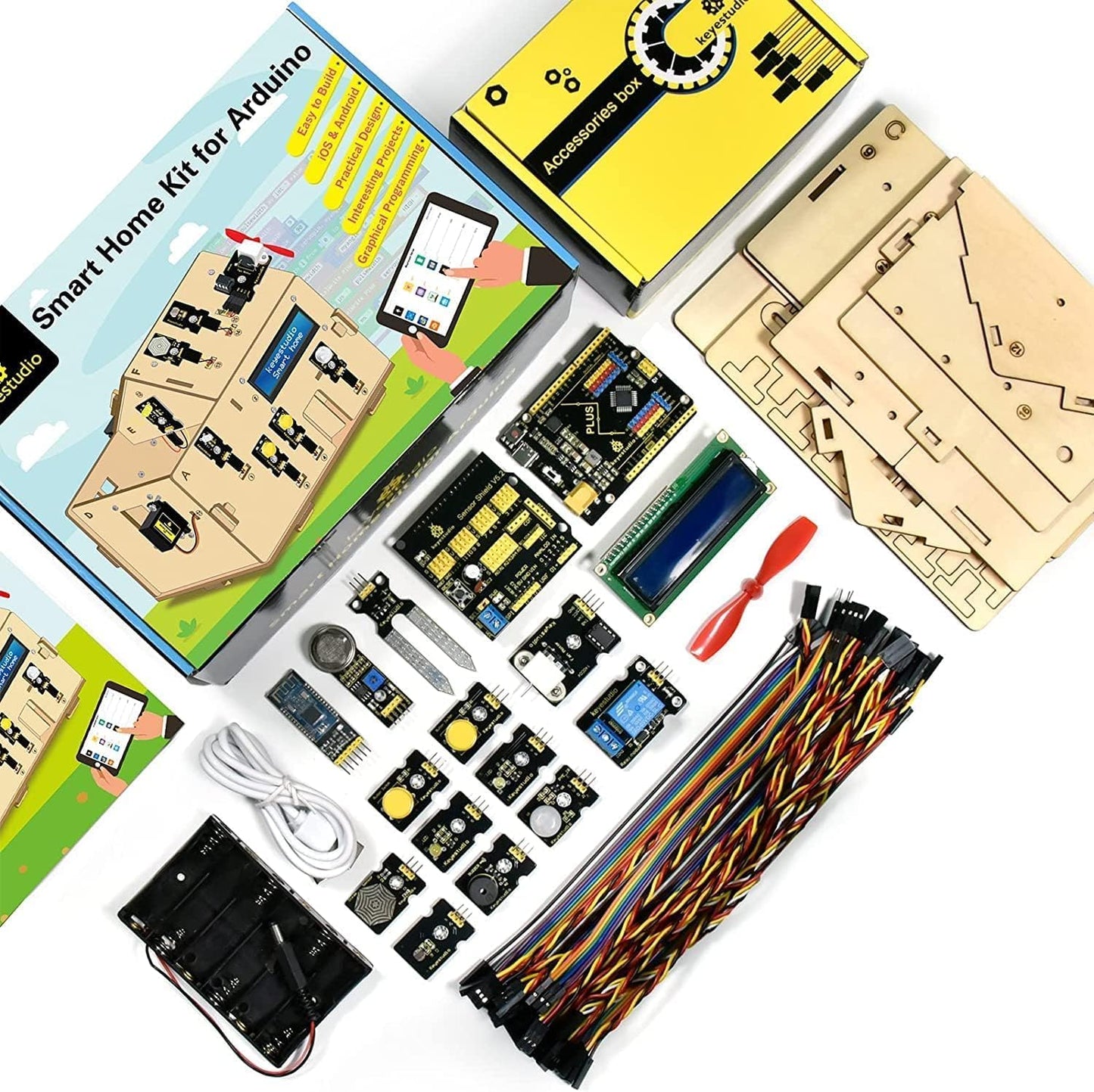 KEYESTUDIO Smart Home Starter Kit for Arduino for Uno R3, Electronics Home Automation Coding Kit, Wooden House DIY Sensor Kit STEM Educational Set for Adults Teens 15+