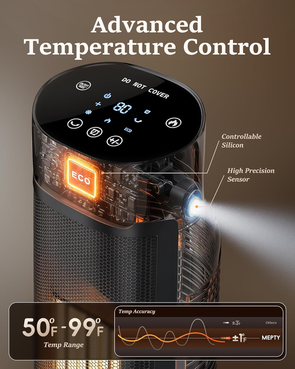 MEPTY 1500W Portable Space Heater Large Room, Electric Space Heaters for Indoor Use with 120° Oscillation, 24H Timer, ECO Mode, 3D Flame, Energy Efficient, Tower Heaters for Office, Bedroom
