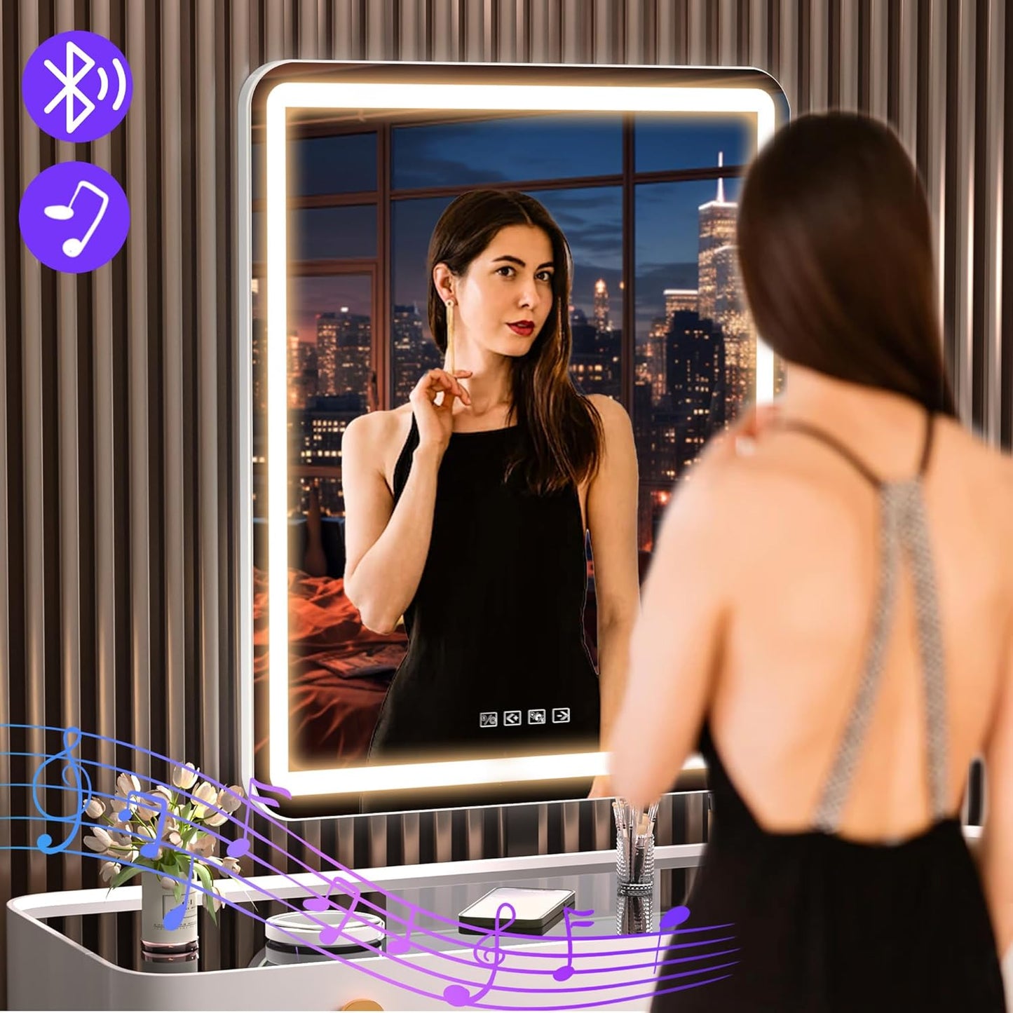 Hasipu Vanity Mirror with Lights and Bluetooth Speaker, 20" x 25" LED Makeup Mirror, Light up Mirror with 10X Magnification and USB Charging Port, Smart Touch 3 Colors Dimmable (White)