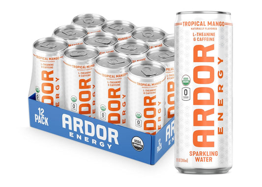 ARDOR ENERGY Sparkling Water with 100mg Natural Caffeine & 200mg L-Theanine from Organic Green Tea for Smooth Energy & Focus | Healthy Energy Drink | No Sugar, Zero Calories, Vegan, Gluten-Free | Tropical Mango (Pack of 12, 12oz cans)