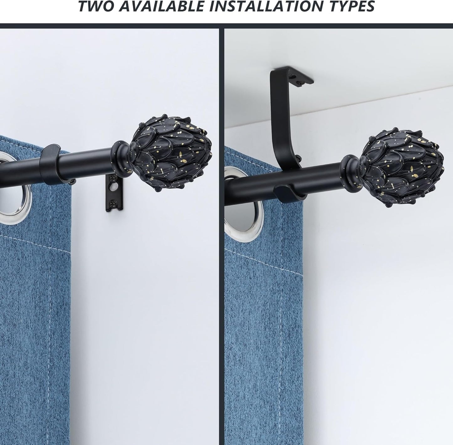 Curtain Rods for Windows 48 to 84 Inches 1 Inch Diameter Adjustable Drapery Rod Decorative Single Window Curtain Rods with Classic Finials,Black