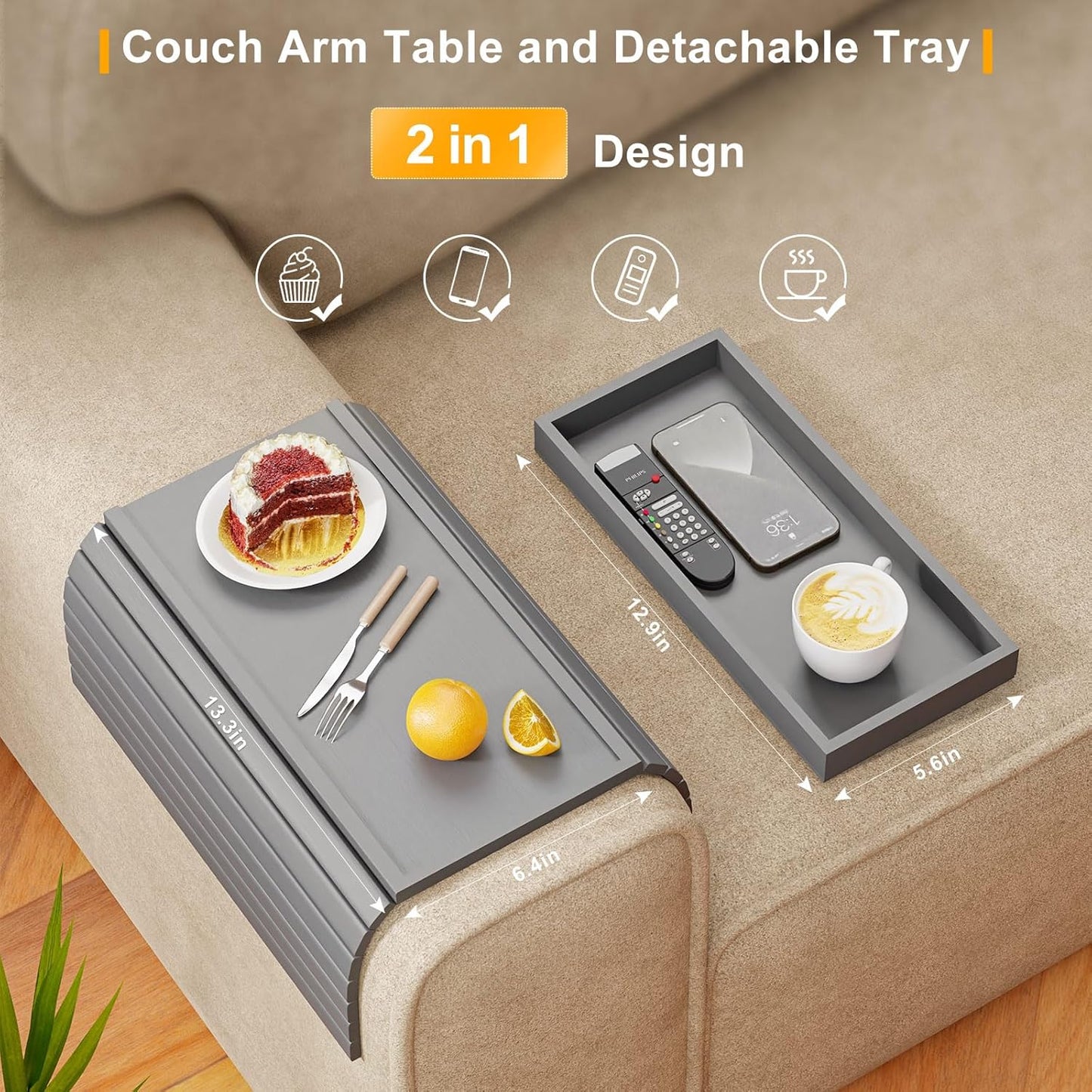 Bamboo Sofa Armrest Tray Table for Couch - 2-in-1 Foldable Couch Arm Table with Be Slide Detachable Tray- Anti-Slip Sofa Armchair Caddy for Drinks Cellphone TV Remote Snacks(Gray)