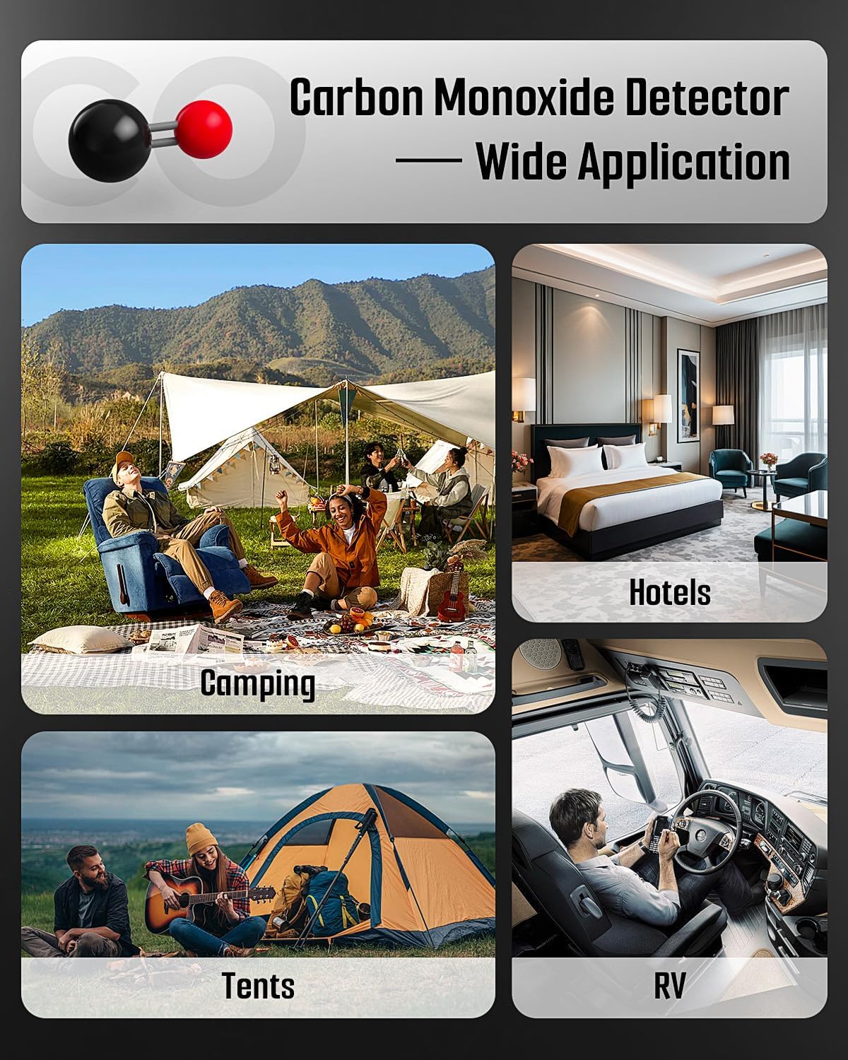 DS-399PRO Carbon Monoxide and Carbon Dioxide Detectors, 4-in-1 Portable CO2 & CO Detector with Audible & Visual Alarm, Rechargeable CO & CO2 Meter for Home, Travel, Camping, Car, 72H Standby