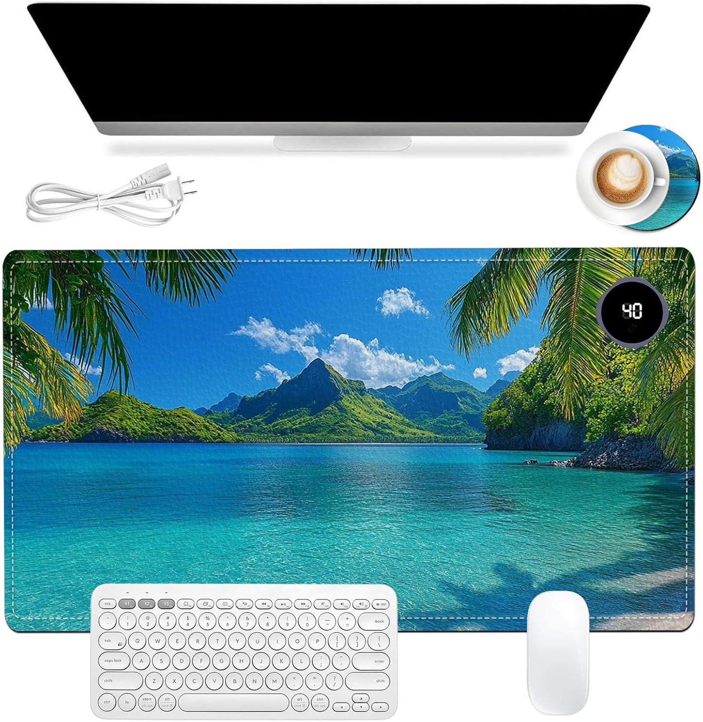 Heated Mouse Pad 23.6 x 14 in 3-Temp Fast Heating Desk Mat with Auto Timer Warmer for Hands Wrist Pain Relief Waterproof Keyboard Mat for Office, Gaming, Home, Tropical Paradise Beach